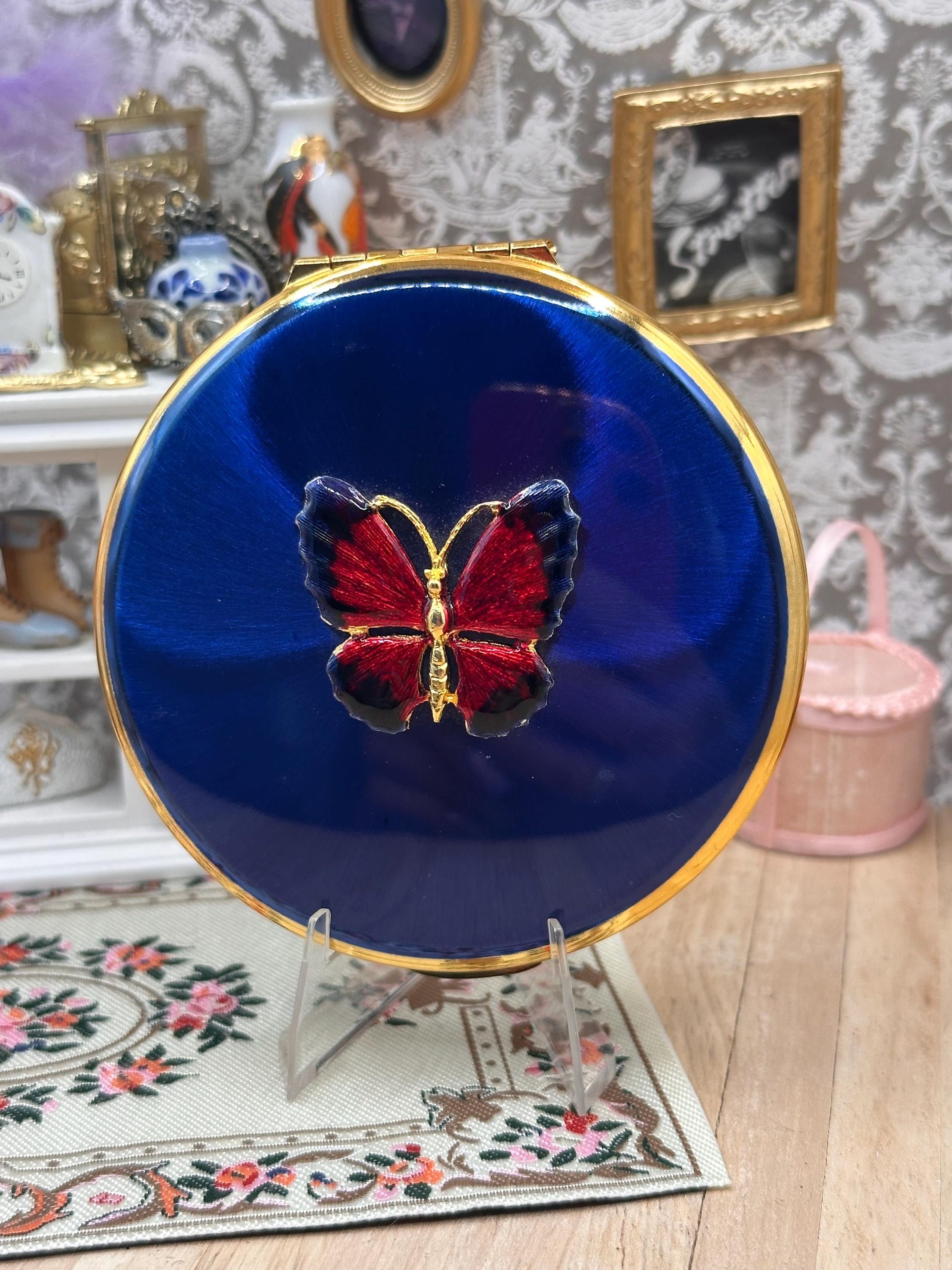 Vintage Kigu Convertible Powder Compact Cobalt Blue Enamel Applied Butterfly Boxed Unused 1960s