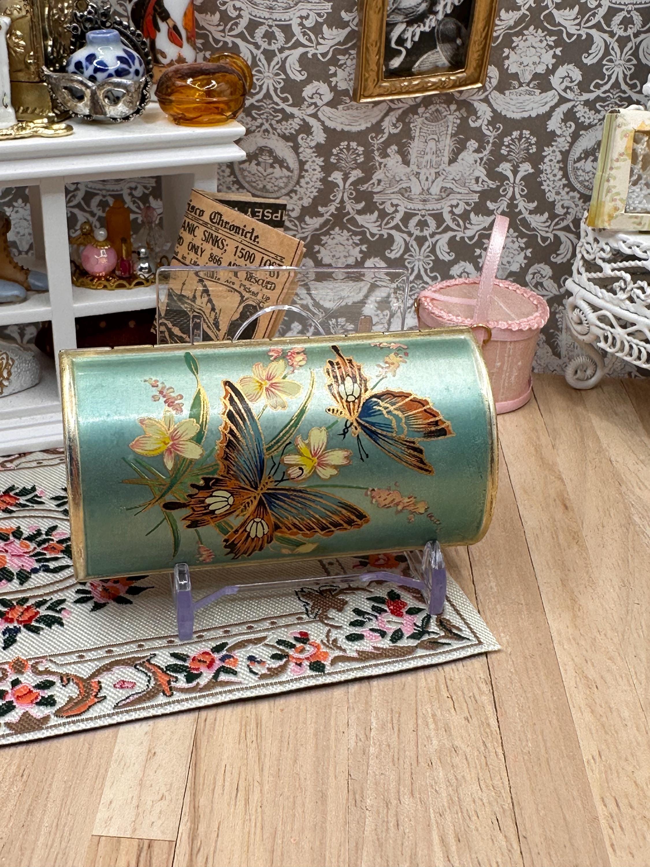 Vintage 1950s Kigu Barrel Cigarette Case – Coloured Butterfly & Floral Enamel – Boxed with Original Pouch