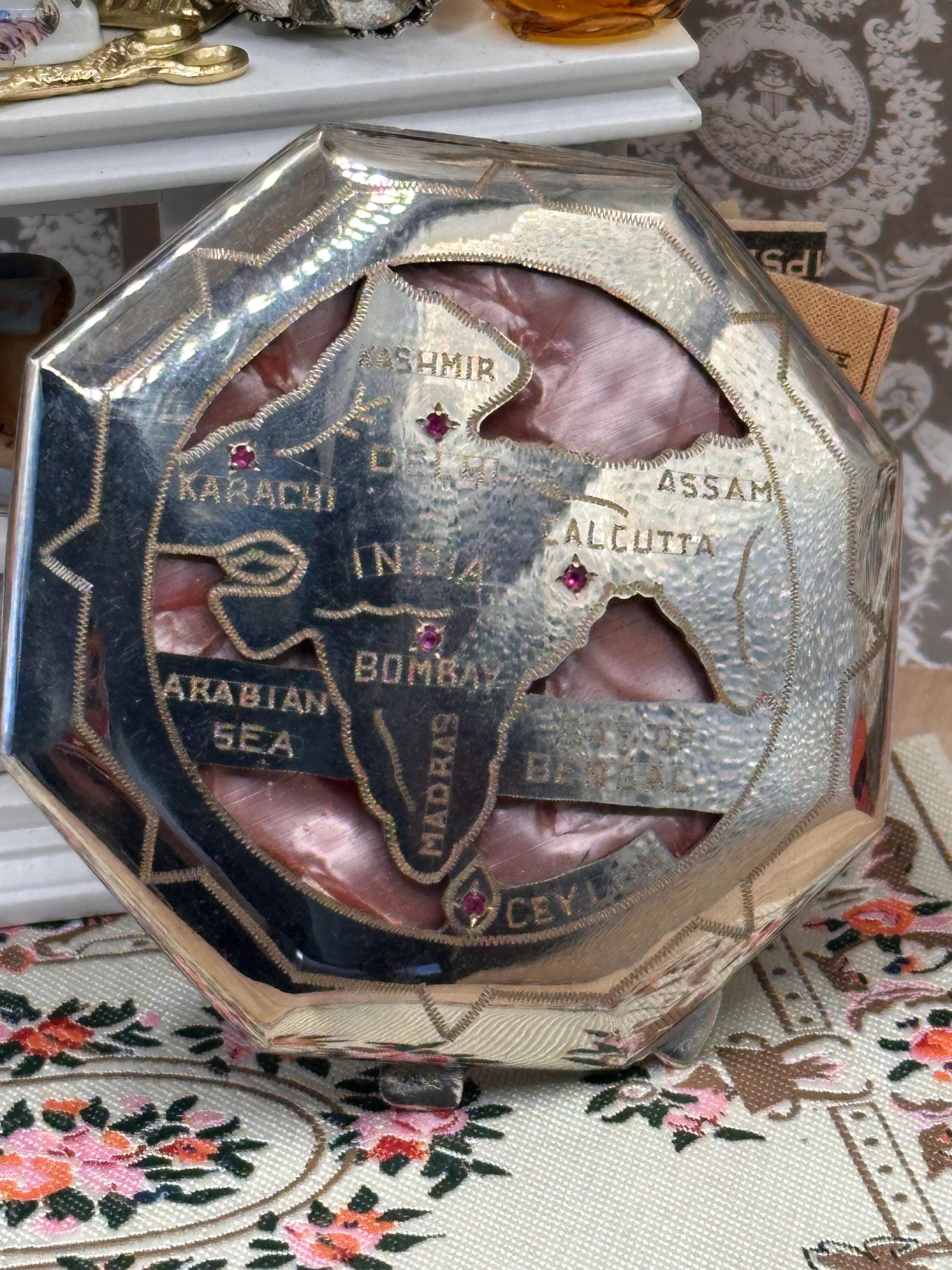 Vintage 1930s India Map Powder Compact – Pink Celluloid – Five Ruby Set – Art Deco