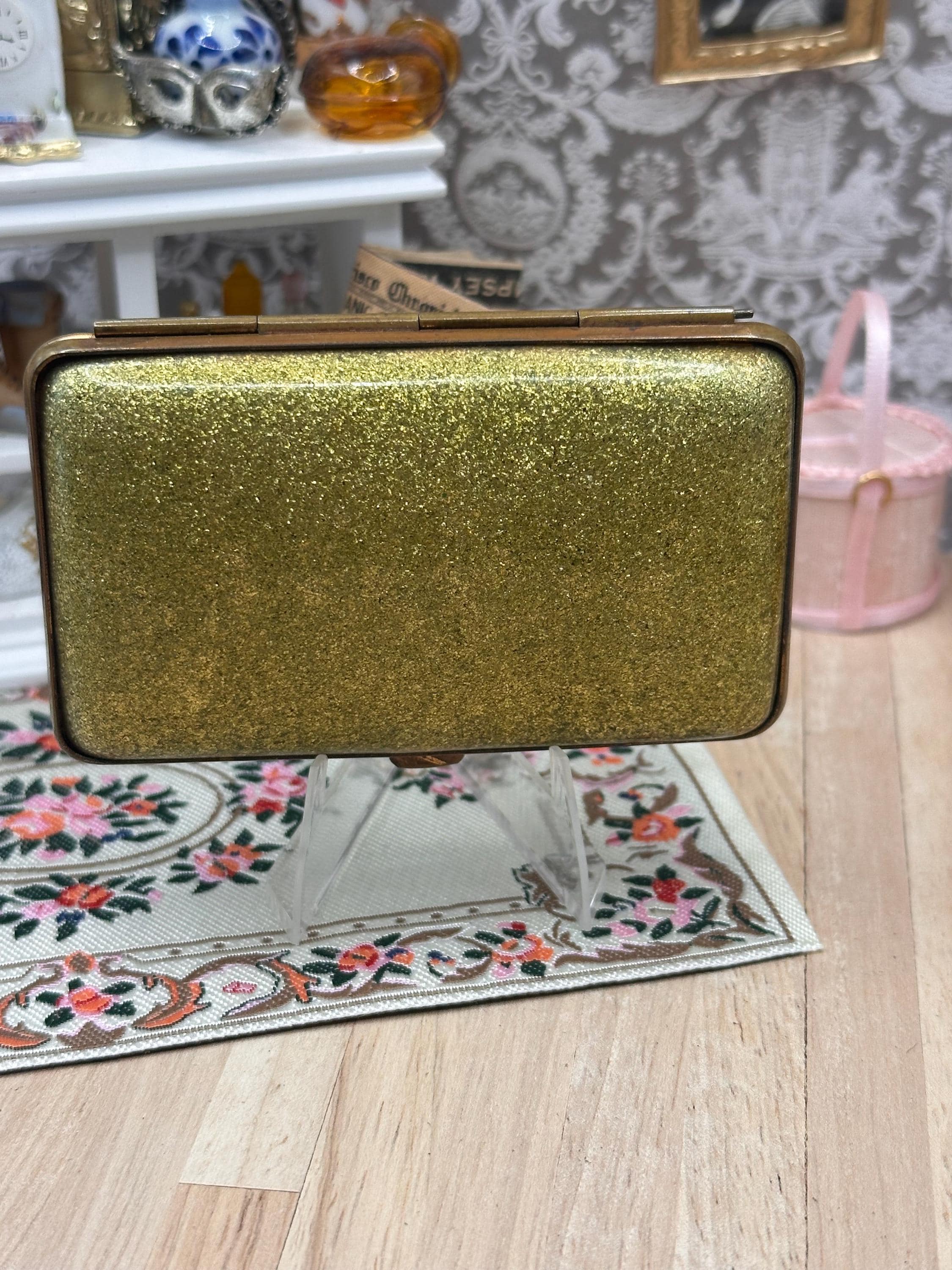 Vintage 1930s Art Deco Gold Glitter Cigarette Case Early Plastic 8cm