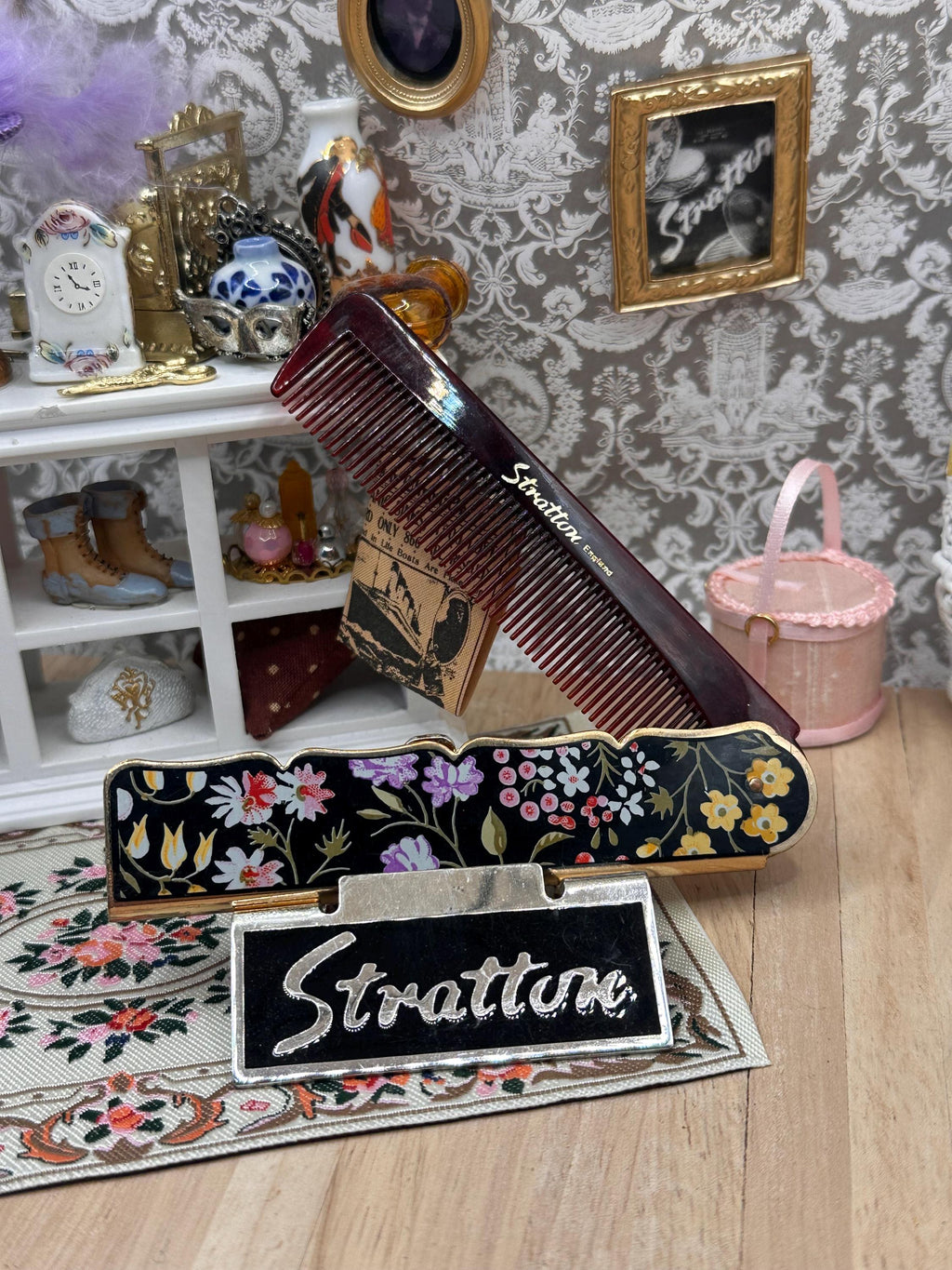 Vintage Stratton England Floral Folding Handbag Comb – Black & Gold Pocket Vanity Comb 10.5cm