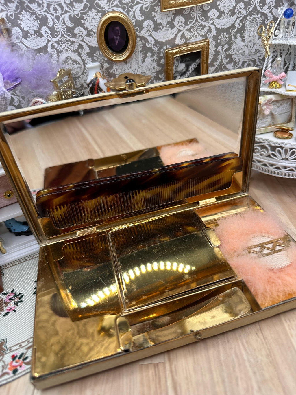 Rare Art Deco L. S. Mayer Entouka Cream Enamel Minaudière Carryall Vanity Case with Comb, Swan’s Down Puff, Pouch & Sifter