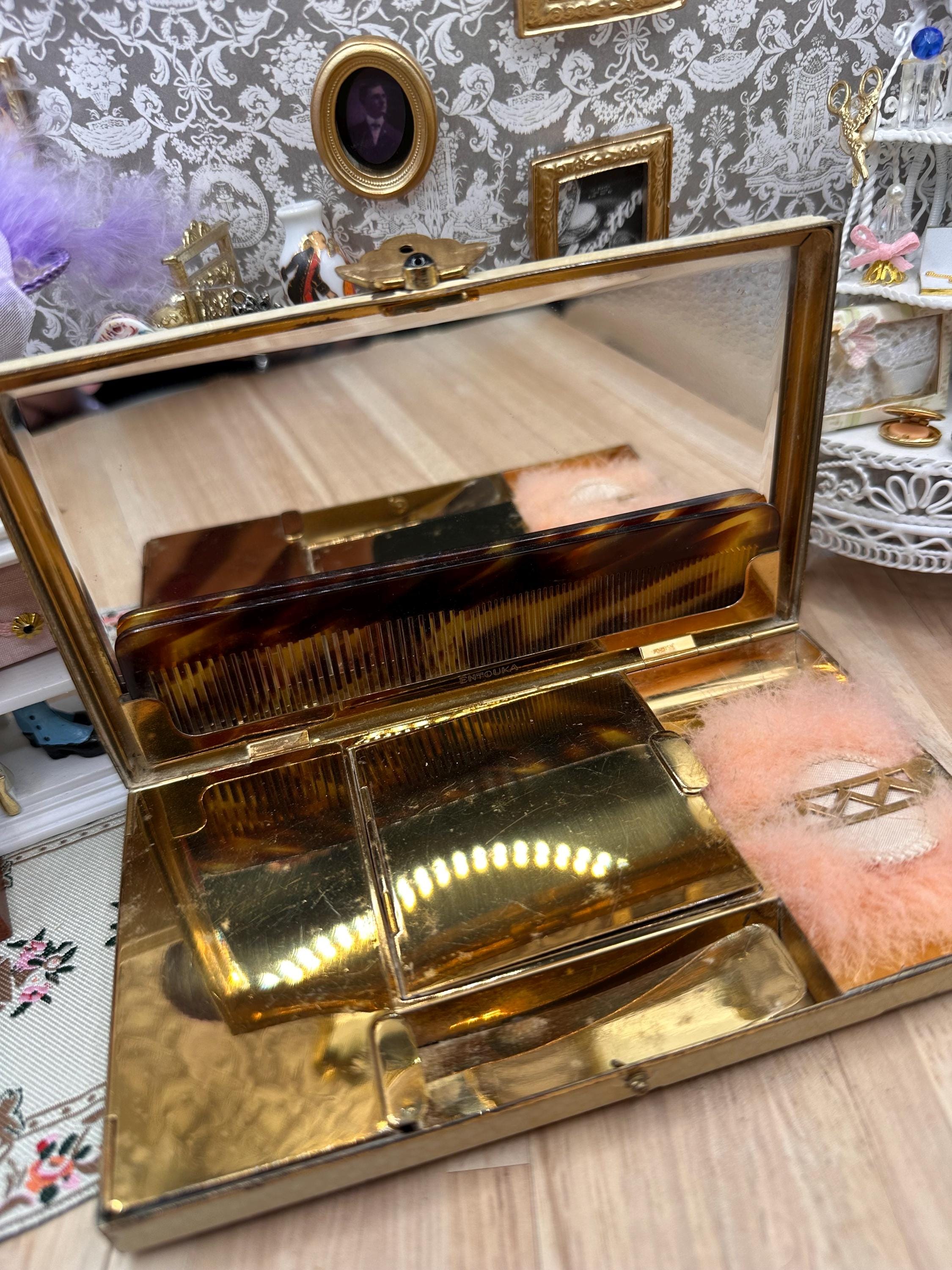 Rare Art Deco L. S. Mayer Entouka Cream Enamel Minaudière Carryall Vanity Case with Comb, Swan’s Down Puff, Pouch & Sifter
