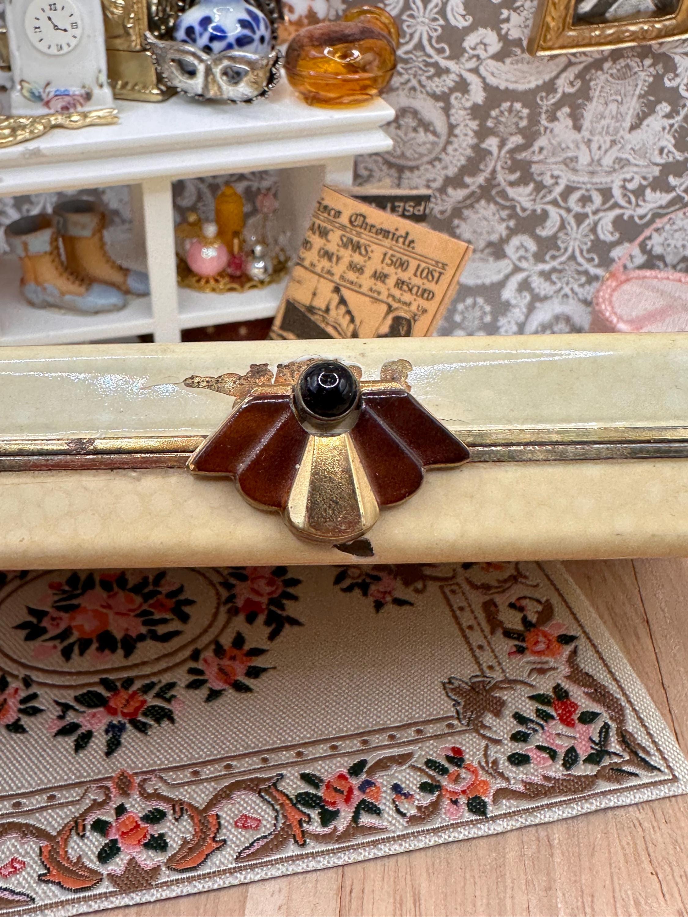 Rare Art Deco L. S. Mayer Entouka Cream Enamel Minaudière Carryall Vanity Case with Comb, Swan’s Down Puff, Pouch & Sifter