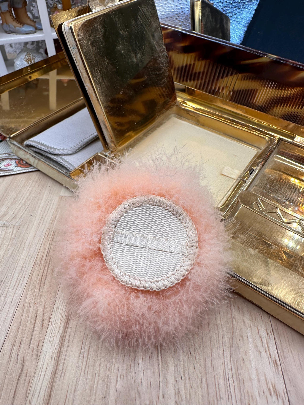 Rare Art Deco L. S. Mayer Entouka Cream Enamel Minaudière Carryall Vanity Case with Comb, Swan’s Down Puff, Pouch & Sifter