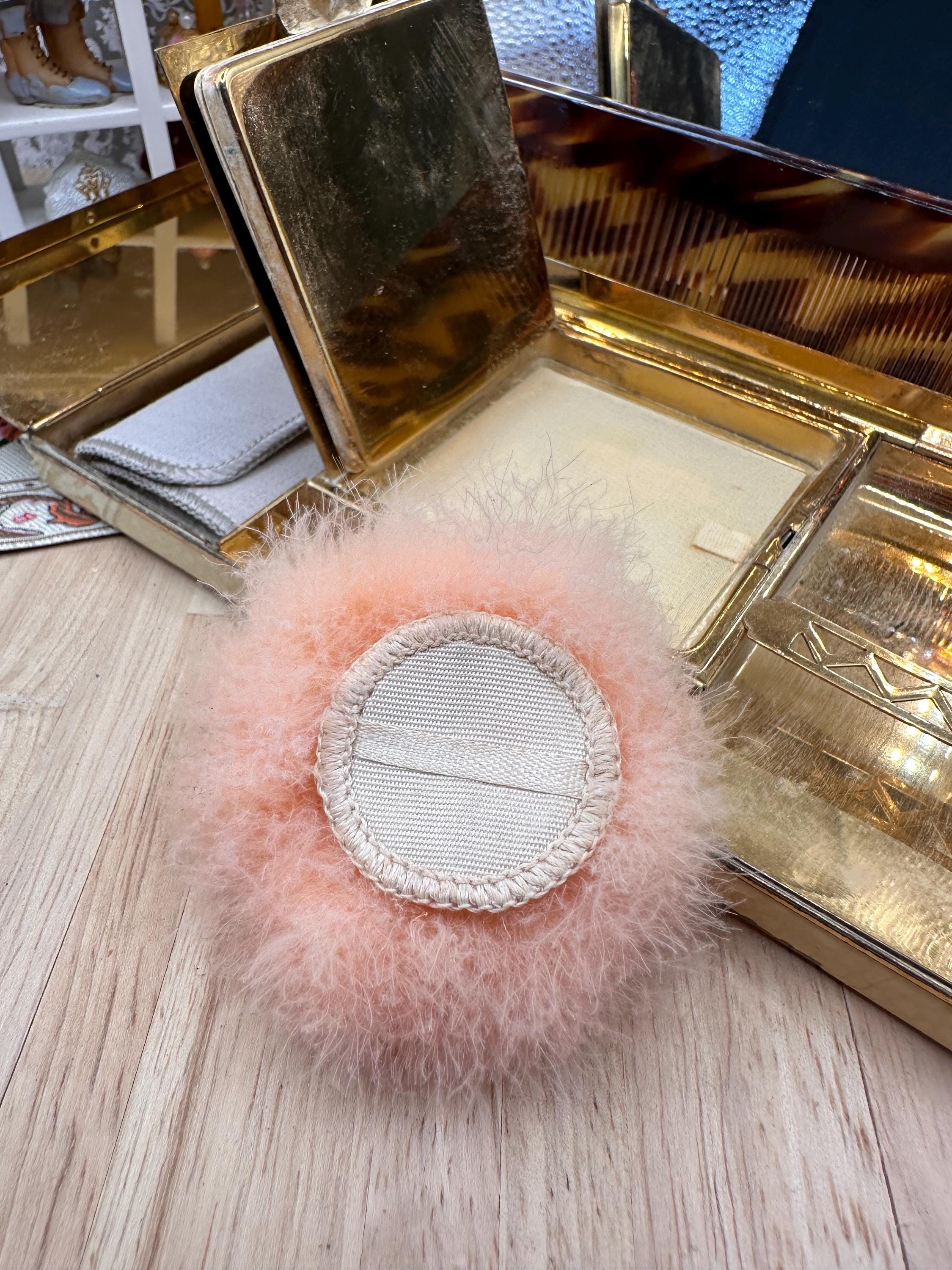 Rare Art Deco L. S. Mayer Entouka Cream Enamel Minaudière Carryall Vanity Case with Comb, Swan’s Down Puff, Pouch & Sifter