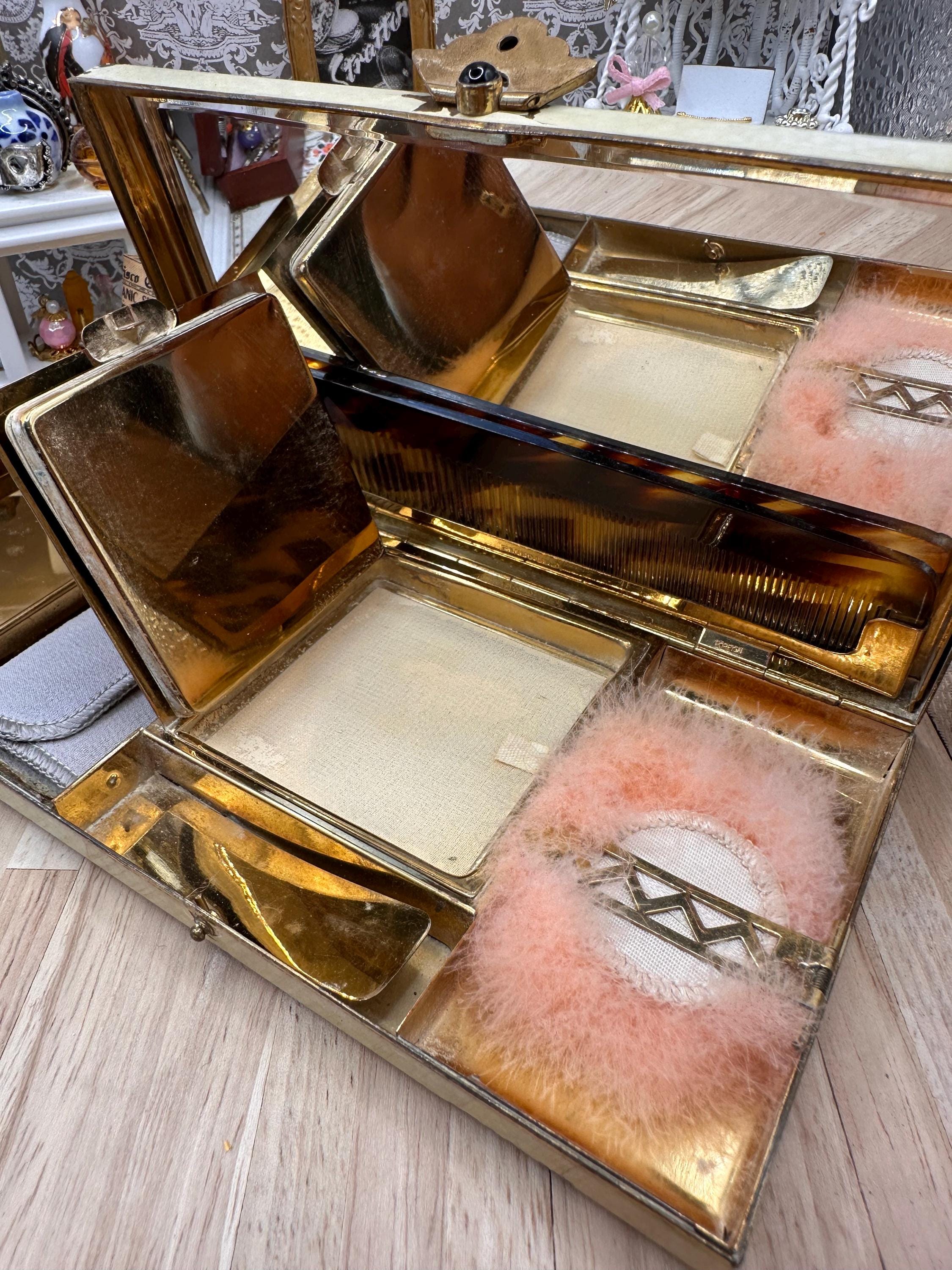 Rare Art Deco L. S. Mayer Entouka Cream Enamel Minaudière Carryall Vanity Case with Comb, Swan’s Down Puff, Pouch & Sifter