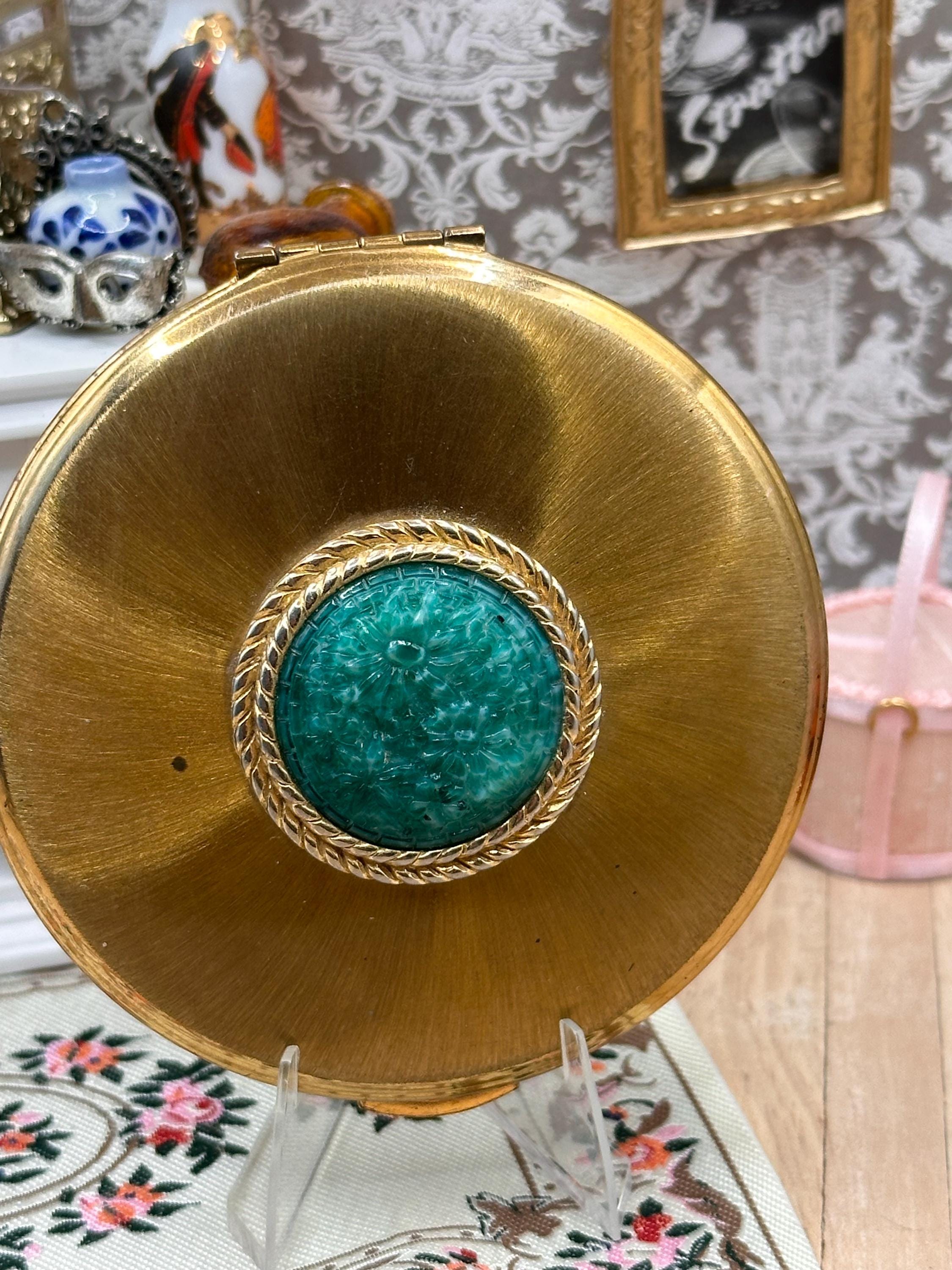 Vintage Kigu of London Gold Tone Powder Compact with Green Lucite Cabochon 8cm