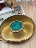 Vintage Kigu of London Gold Tone Powder Compact with Green Lucite Cabochon 8cm