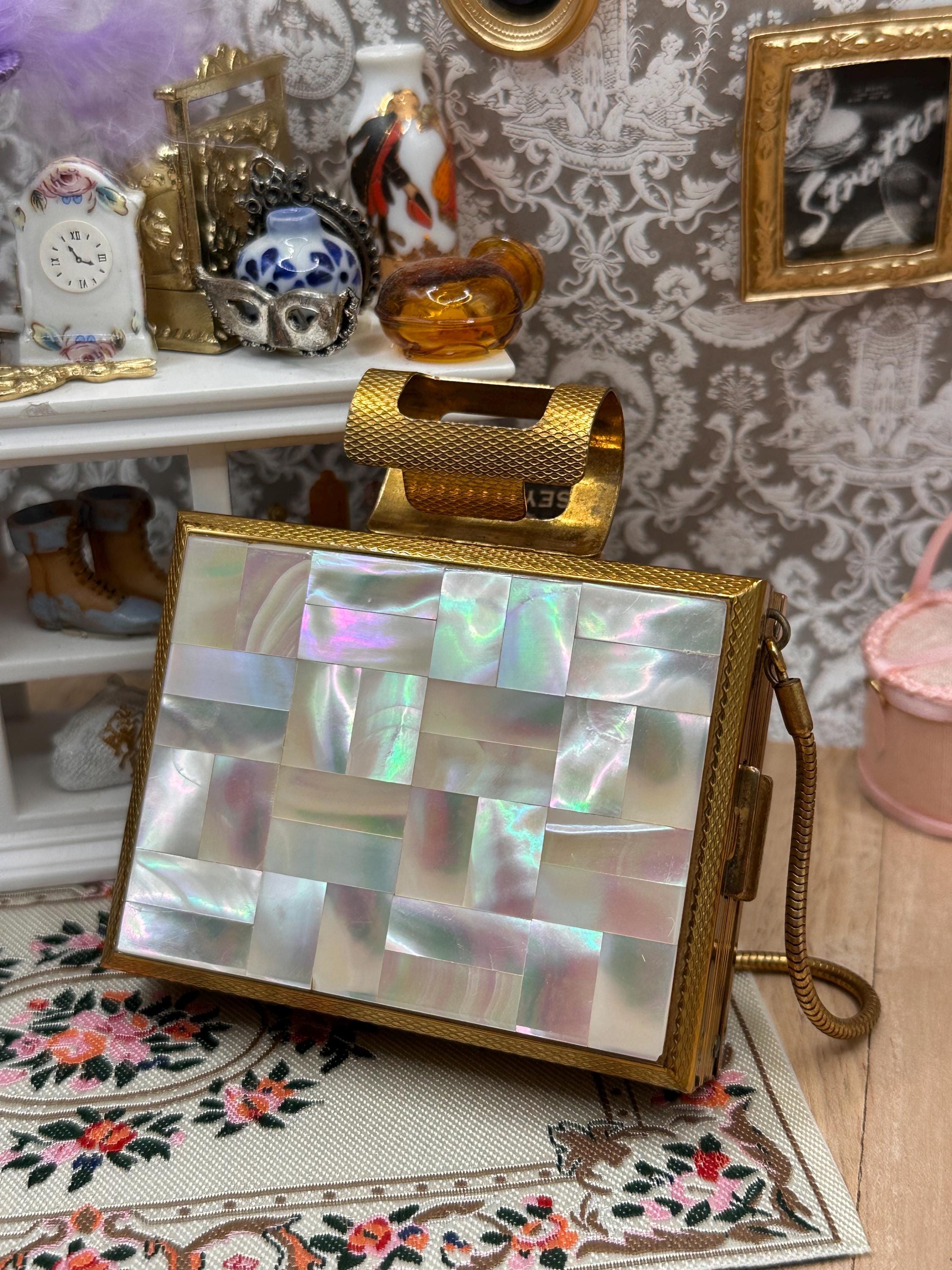 Vintage Kigu of London Mother of Pearl Party Case Carryall Compact Purse with Wrist Strap