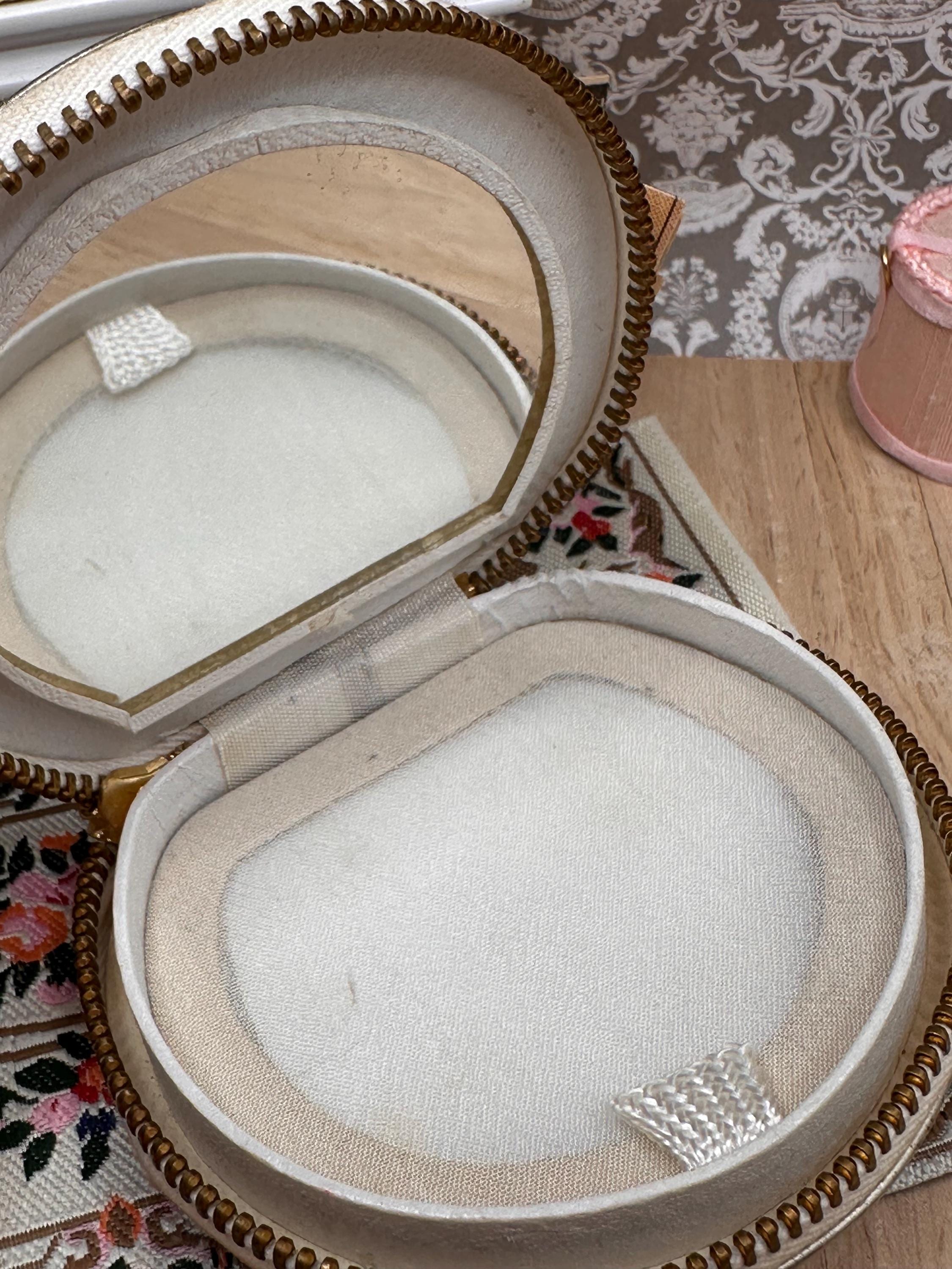 Rare Vintage 1950s Zip Around Lucite Powder Compact – Hand Decorated Floral Vanity Compact – Marbled Faux Mother of Pearl Makeup Compact