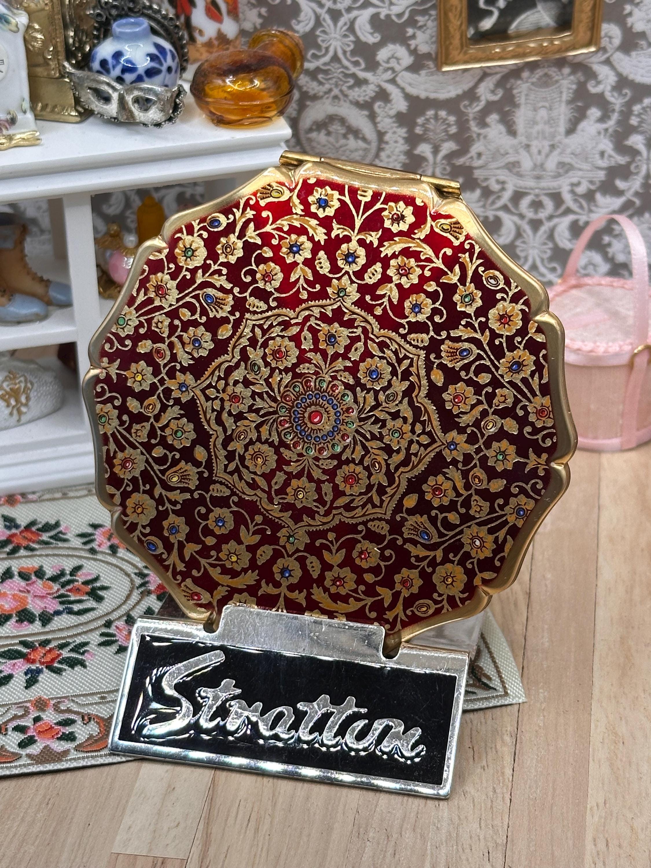 Vintage Stratton Queen Convertible Powder Compact Red Jewel Pattern Boxed 8.5cm Unused with Pouch & Puff