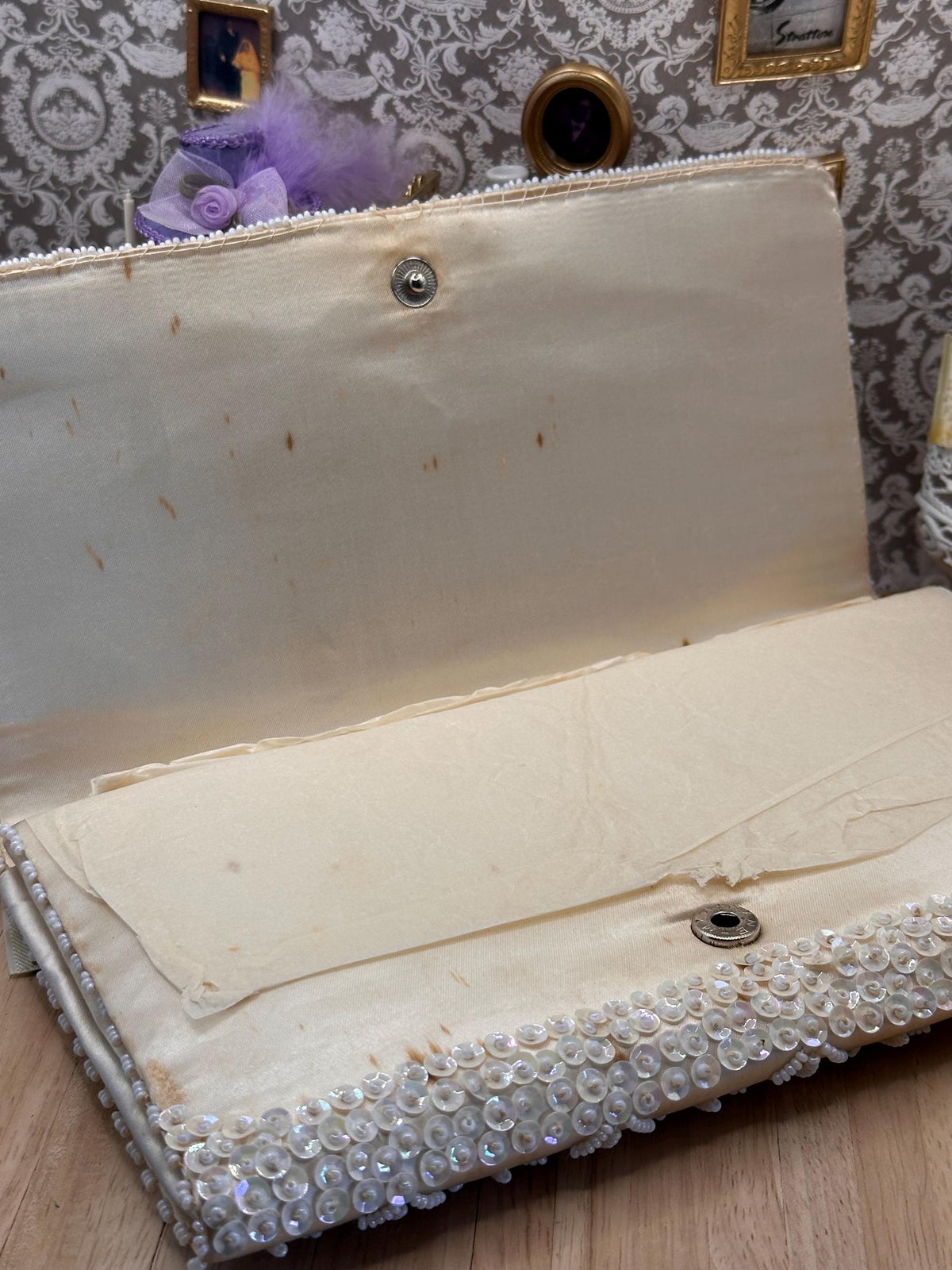 Vintage DuBarry Hand Beaded Evening Bag – Ivory Pearl & Sequin Clutch – 21.5cm