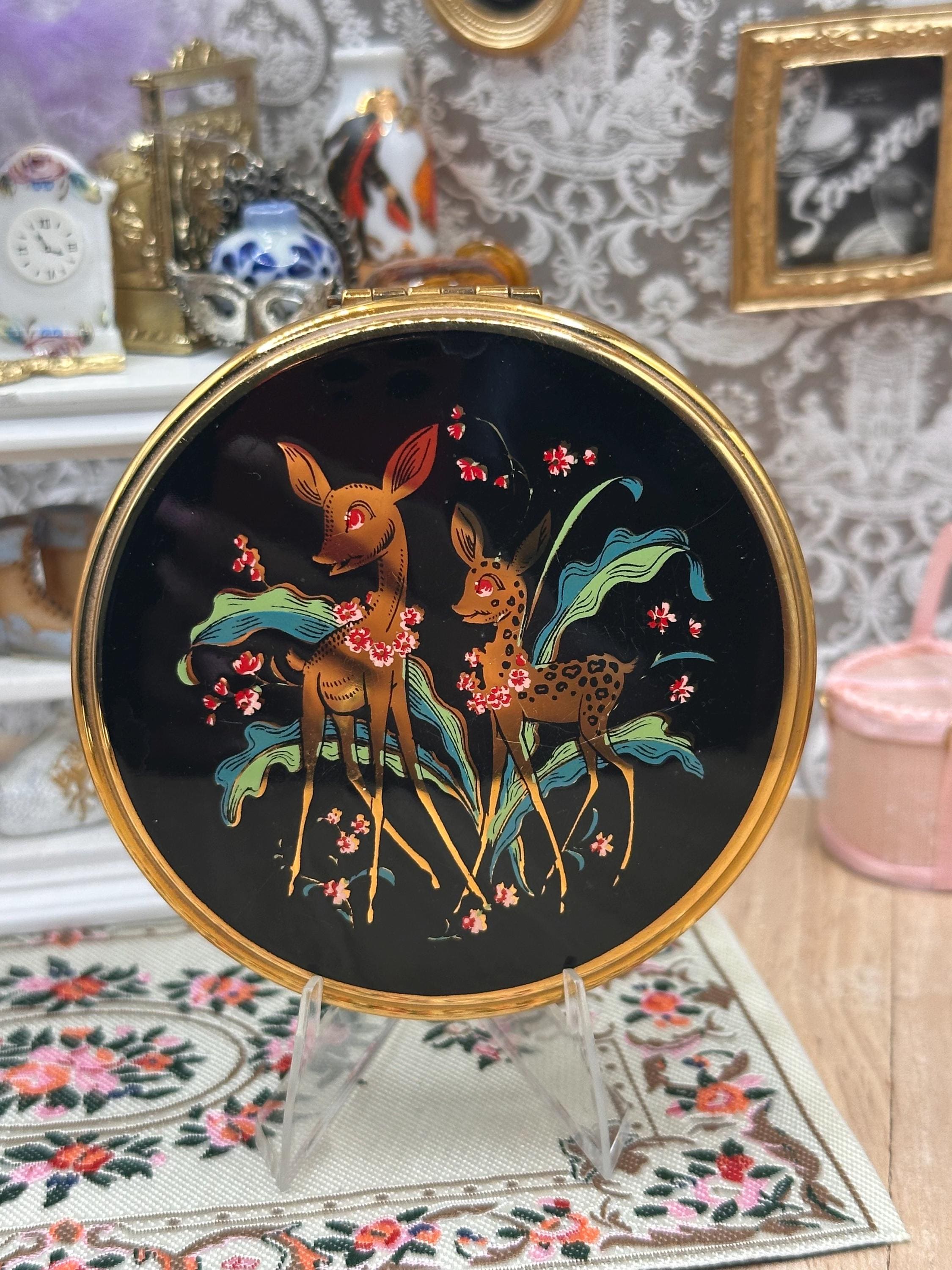 Vintage Kigu Deer & Fawn Black Enamel Powder Compact – Convertible Mirror Compact – 7.5cm – Made in England