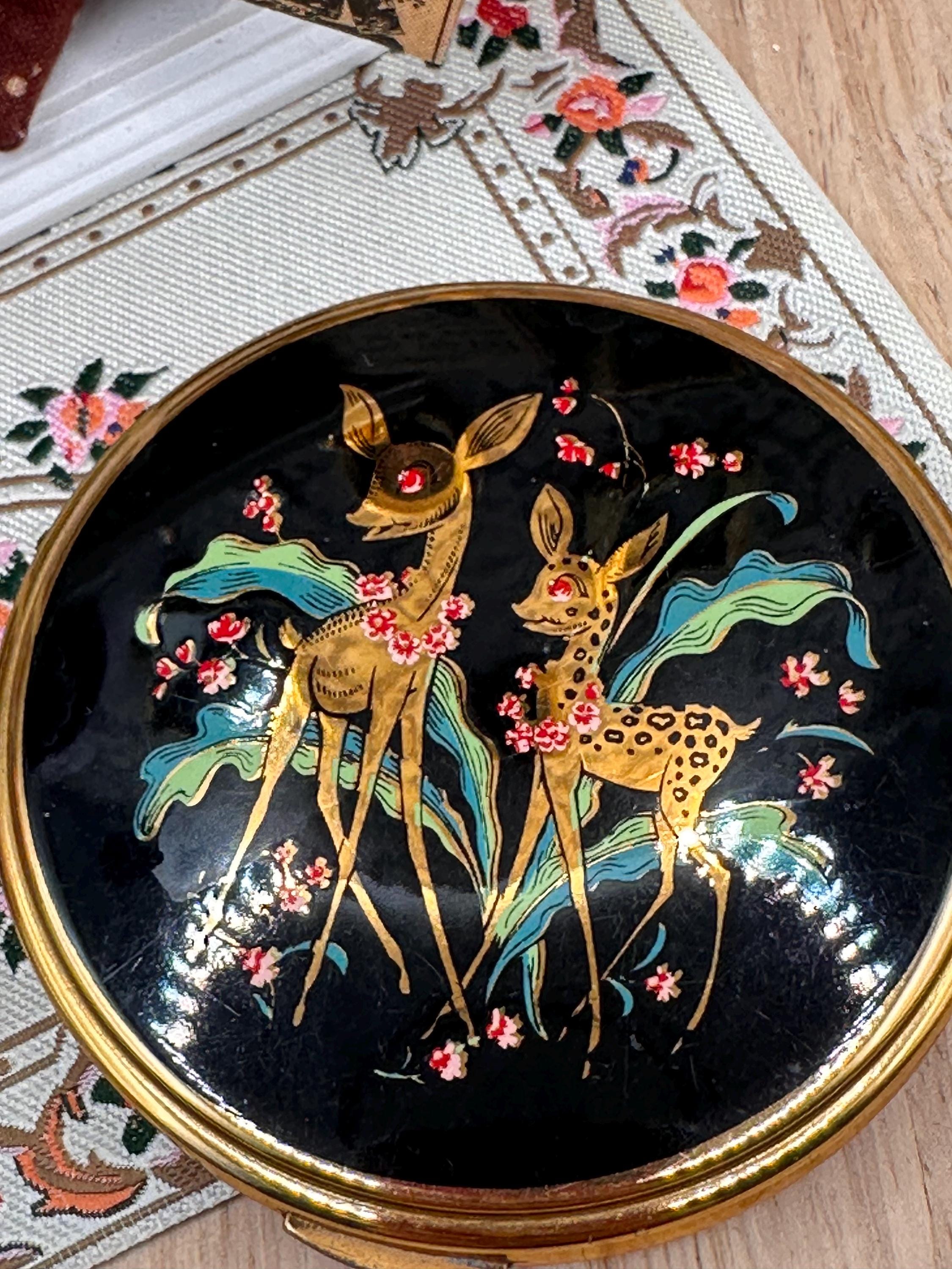 Vintage Kigu Deer & Fawn Black Enamel Powder Compact – Convertible Mirror Compact – 7.5cm – Made in England