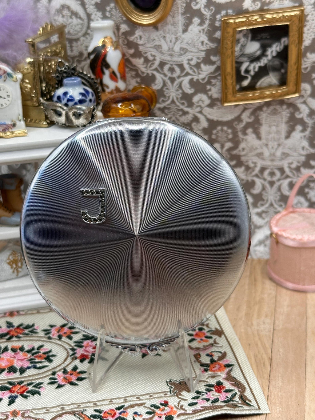 Vintage Ciro Rhinestone Initial J Powder Compact 8cm Silver Tone Engine Turned Art Deco Mirror