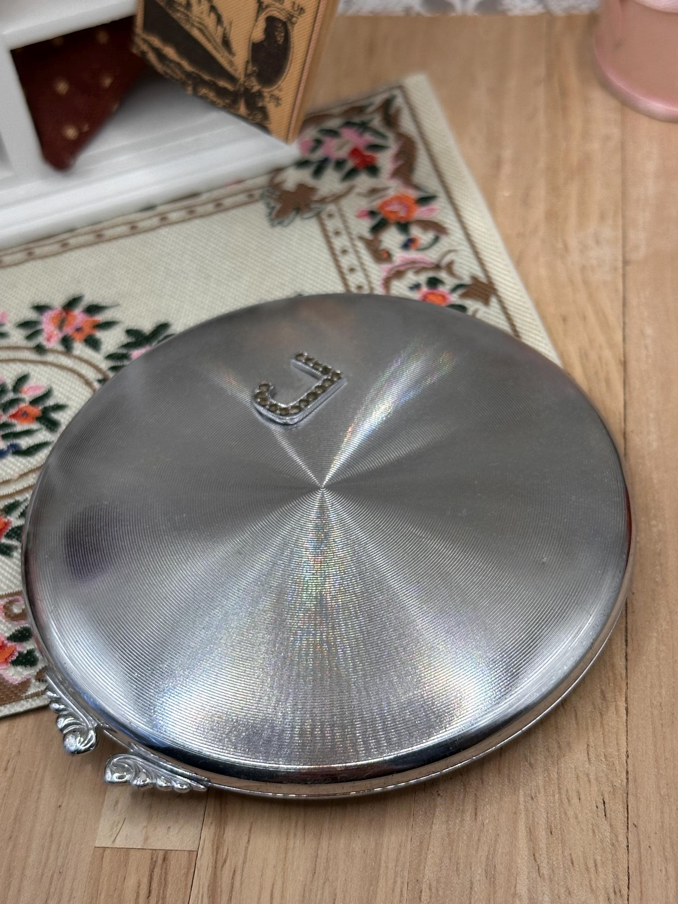 Vintage Ciro Rhinestone Initial J Powder Compact 8cm Silver Tone Engine Turned Art Deco Mirror