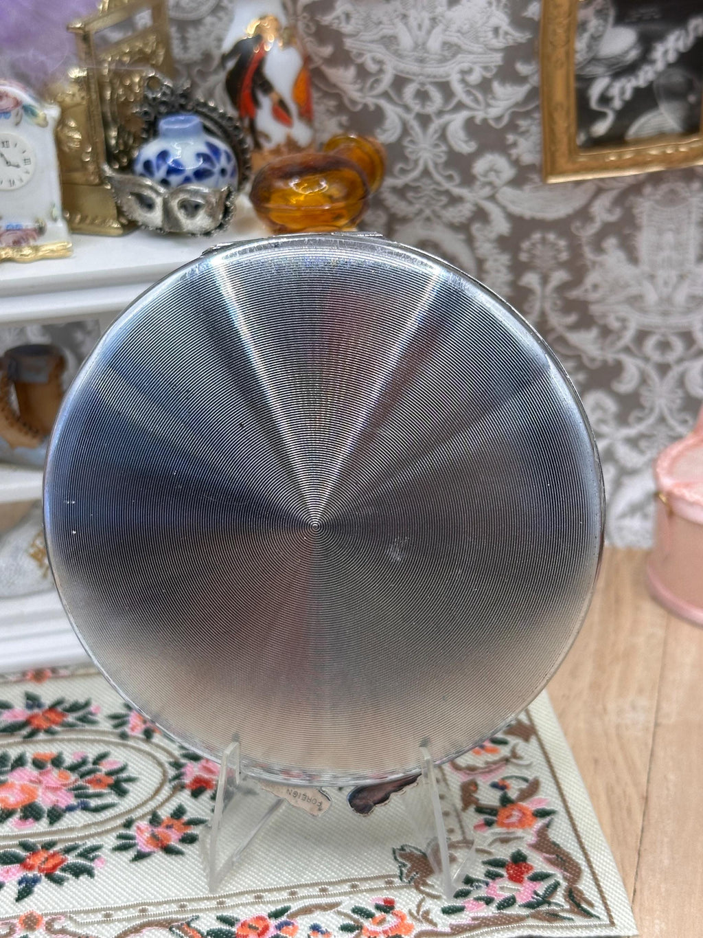 Vintage Ciro Rhinestone Initial J Powder Compact 8cm Silver Tone Engine Turned Art Deco Mirror