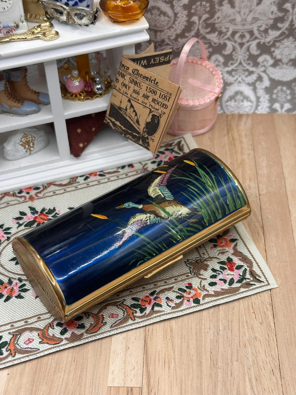 Vintage Kigu Cigarette Case – Mallard Ducks on Cobalt Blue – 9 x 3cm