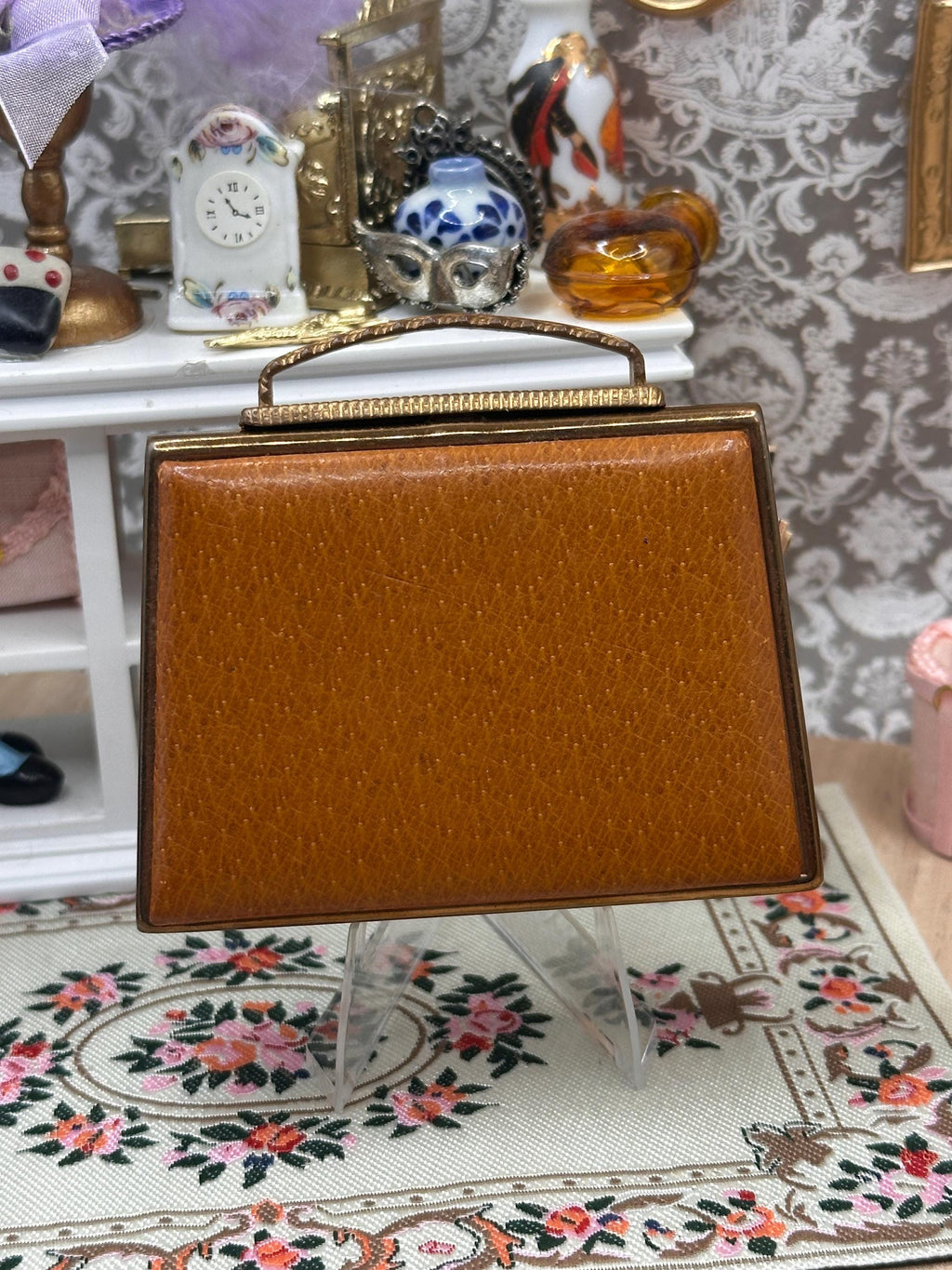 Vintage 1950s Mascot ASB Novelty Handbag Powder Compact – Tan Leather Kelly Bag Vanity Compact