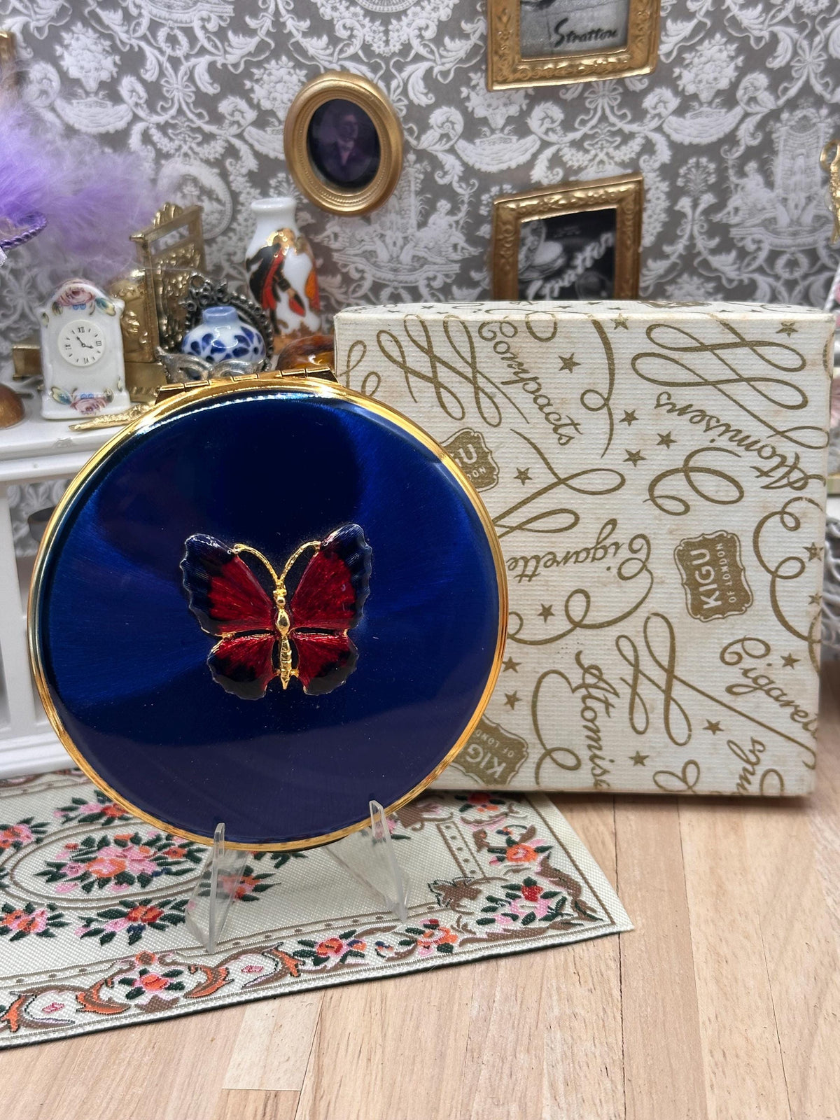 Vintage Kigu Convertible Powder Compact Cobalt Blue Enamel Applied Butterfly Boxed Unused 1960s