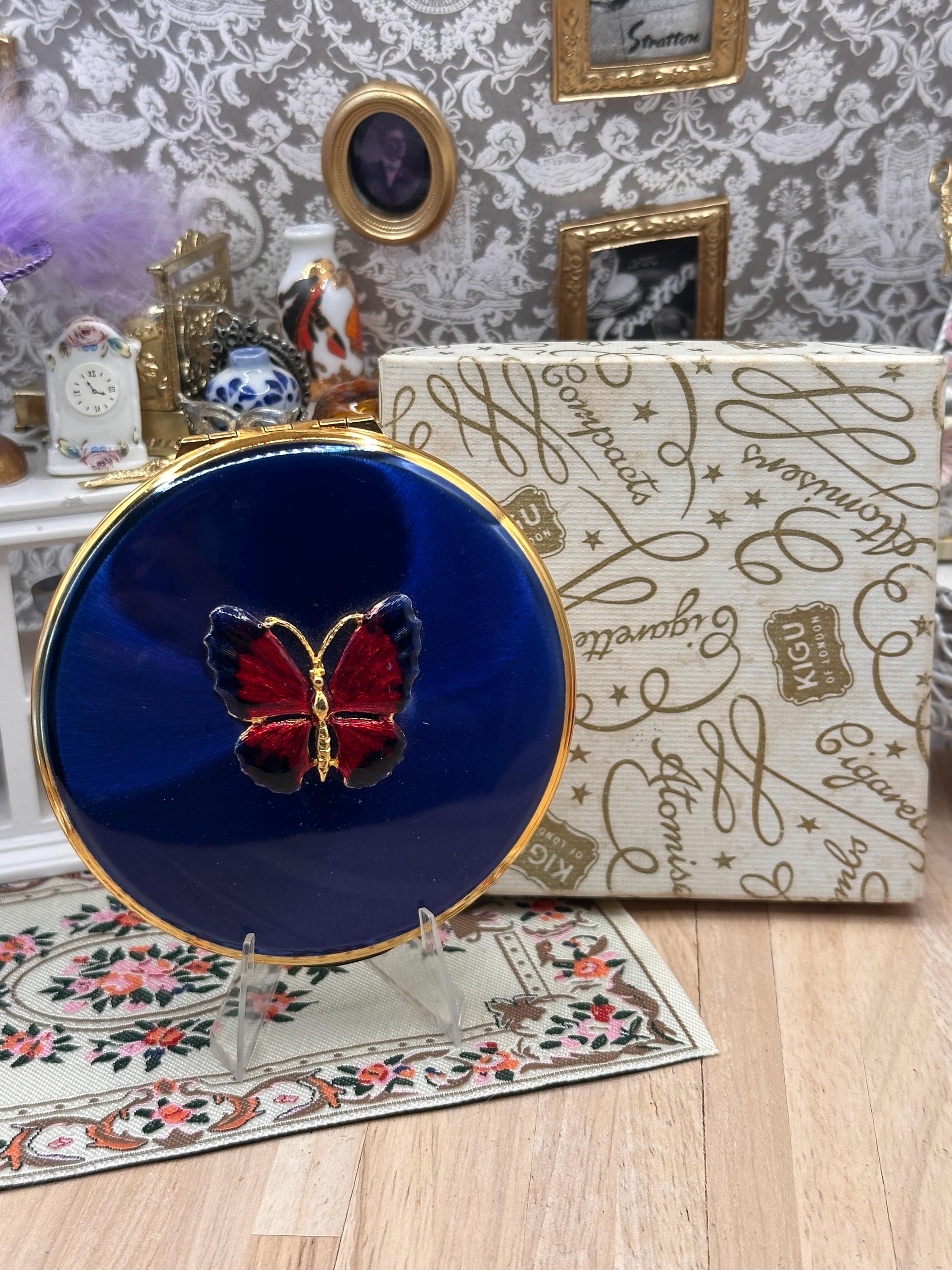Vintage Kigu Convertible Powder Compact Cobalt Blue Enamel Applied Butterfly Boxed Unused 1960s