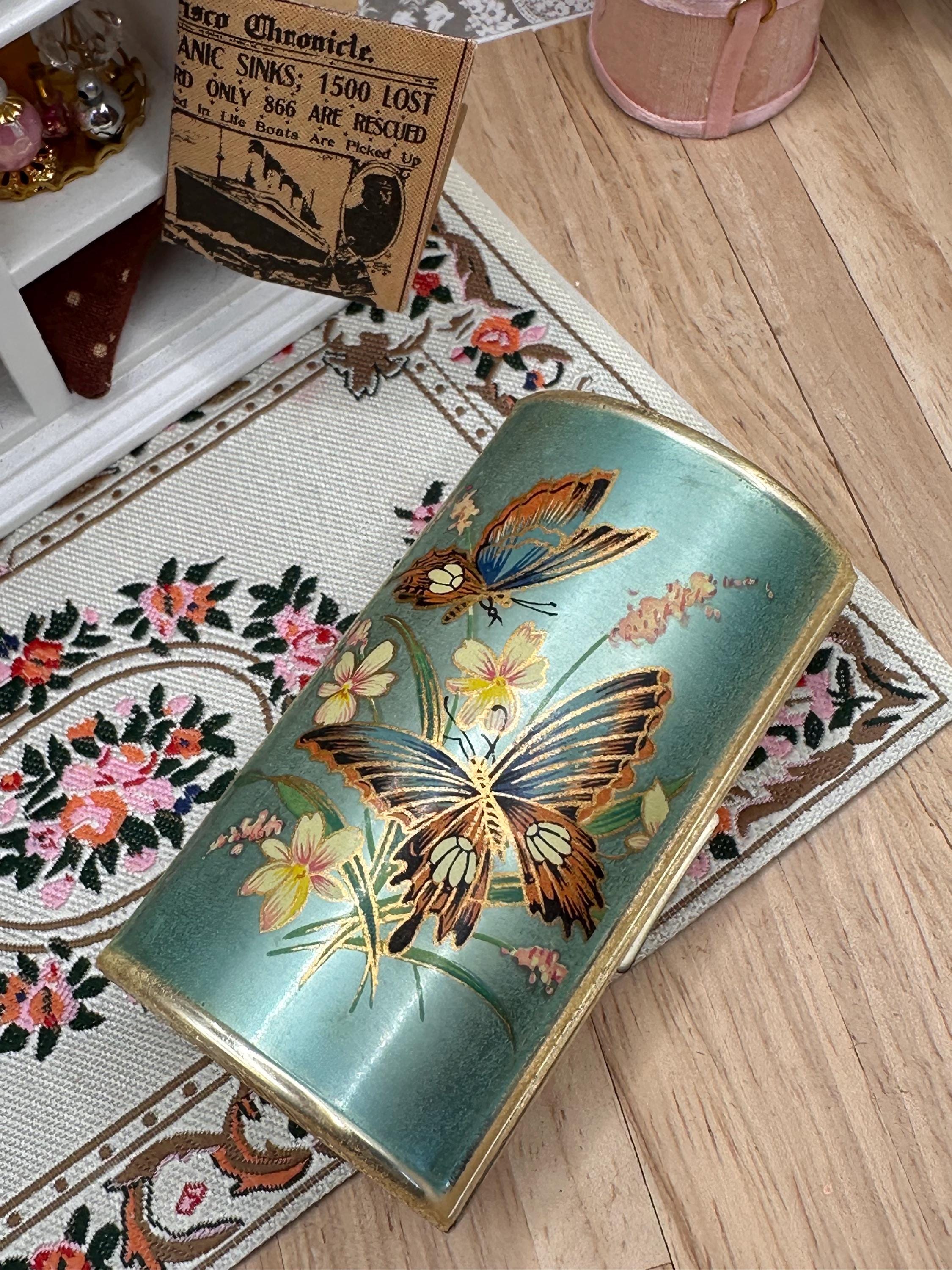 Vintage 1950s Kigu Barrel Cigarette Case – Coloured Butterfly & Floral Enamel – Boxed with Original Pouch