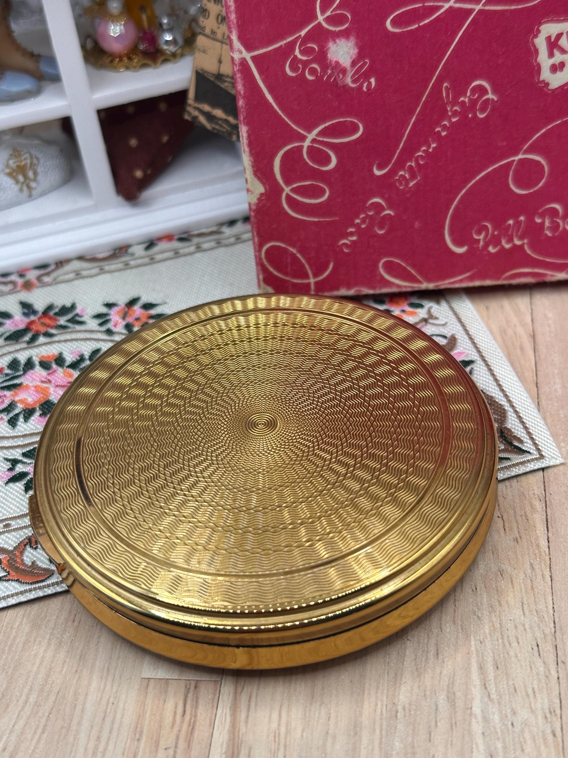 Vintage Kigu of London Gold Powder Compact – Starburst Design – Boxed Complete 8cm