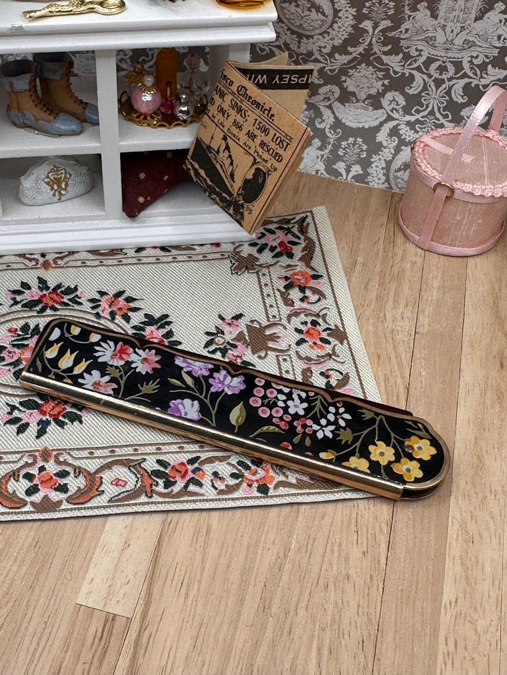 Vintage Stratton England Floral Folding Handbag Comb – Black & Gold Pocket Vanity Comb 10.5cm
