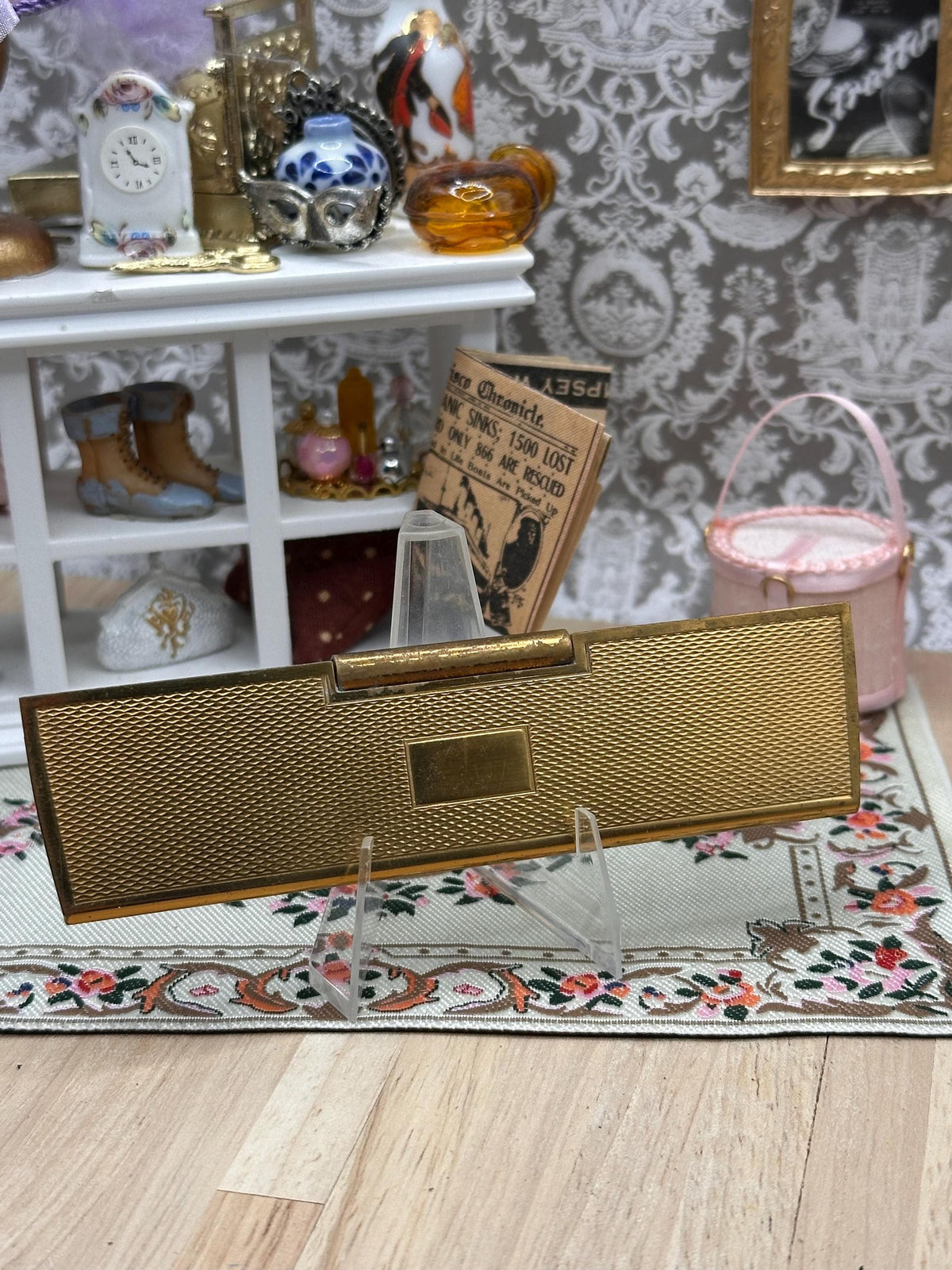 Vintage Mascot Handbag Comb Gold Tone Textured Case Tortoiseshell Effect 10.5cm