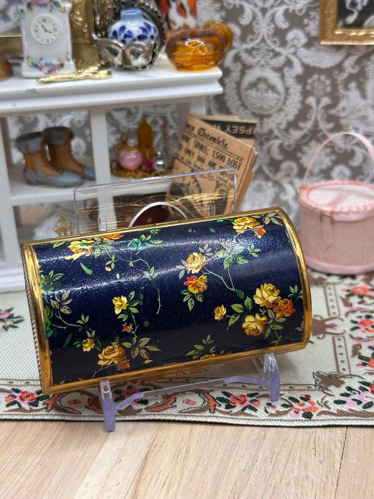 Vintage Kigu Barrel Lipstick Cigarette Case Blue Floral Roses 7.5cm