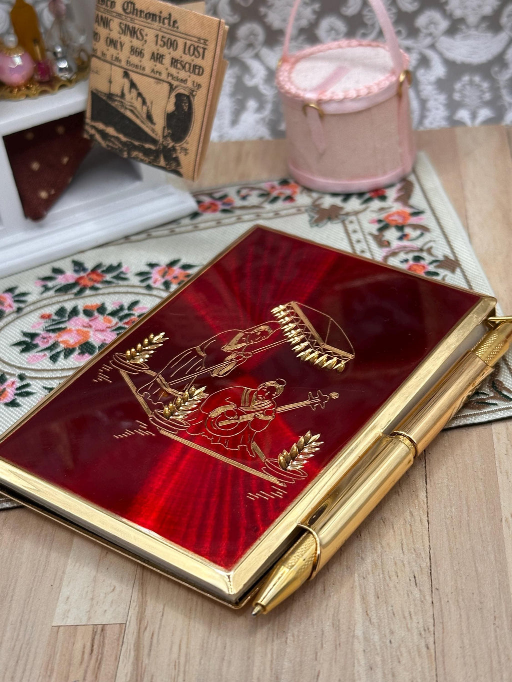 Vintage Stratton Notebook & Pen Boxed Red Enamel Gondola Scene with Pouch