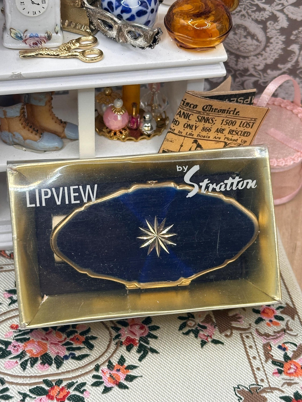 Vintage Stratton Lip-View Compact Mirror – Boxed Blue Starburst – 6cm
