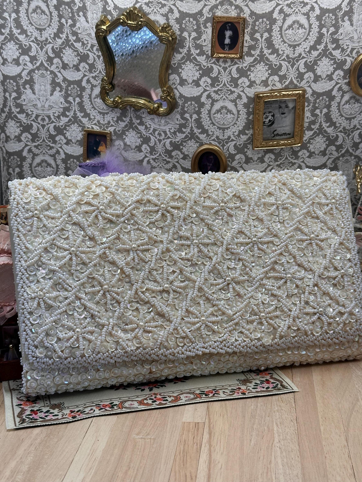 Vintage DuBarry Hand Beaded Evening Bag – Ivory Pearl & Sequin Clutch – 21.5cm