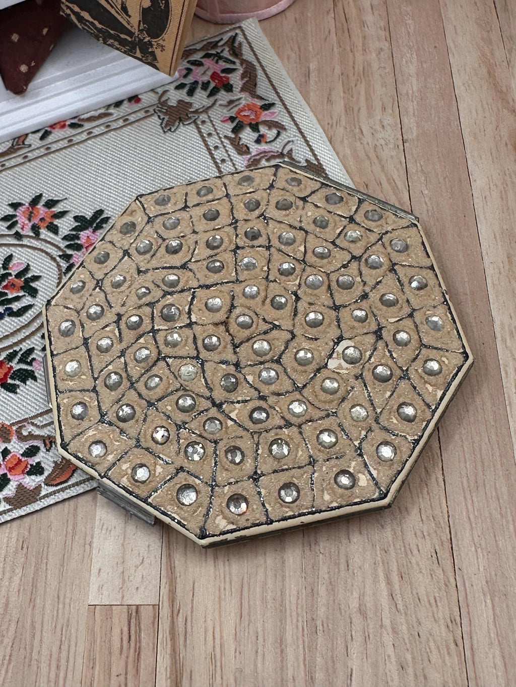 Vintage Art Deco Rhinestone Powder Compact Geometric Octagonal Statement Compact