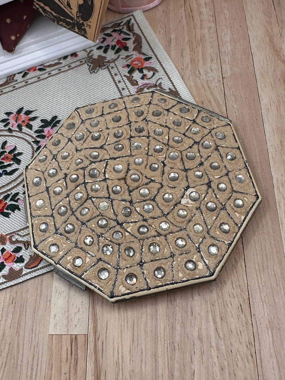 Vintage Art Deco Rhinestone Powder Compact Geometric Octagonal Statement Compact