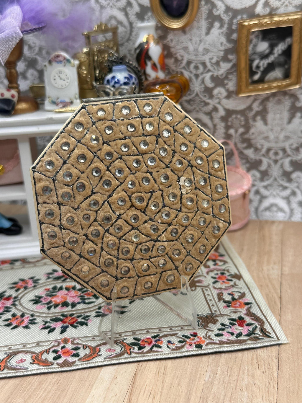 Vintage Art Deco Rhinestone Powder Compact Geometric Octagonal Statement Compact