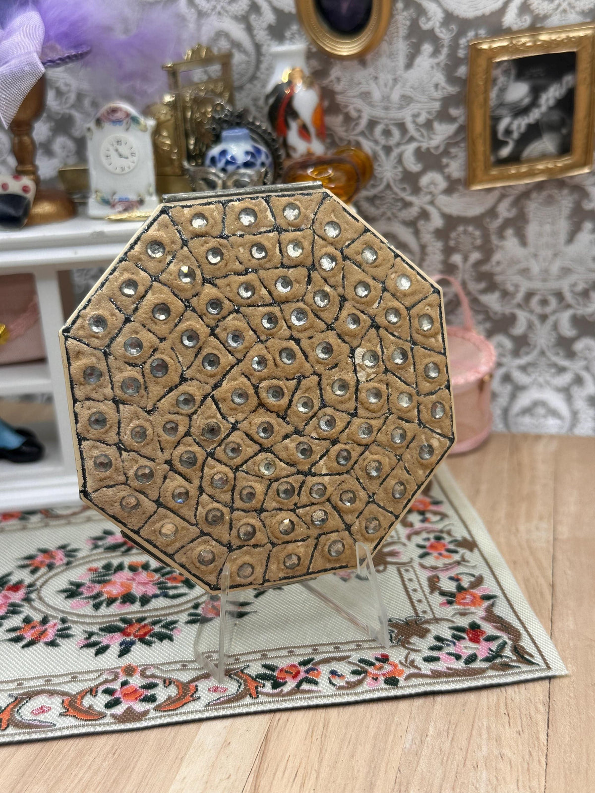 Vintage Art Deco Rhinestone Powder Compact Geometric Octagonal Statement Compact