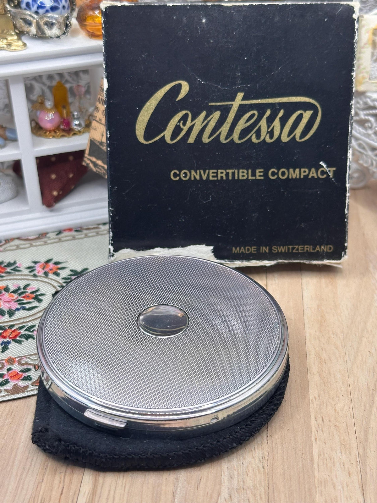 Vintage Contessa Silver Plated Convertible Powder Compact – Boxed Unused – 7.5cm