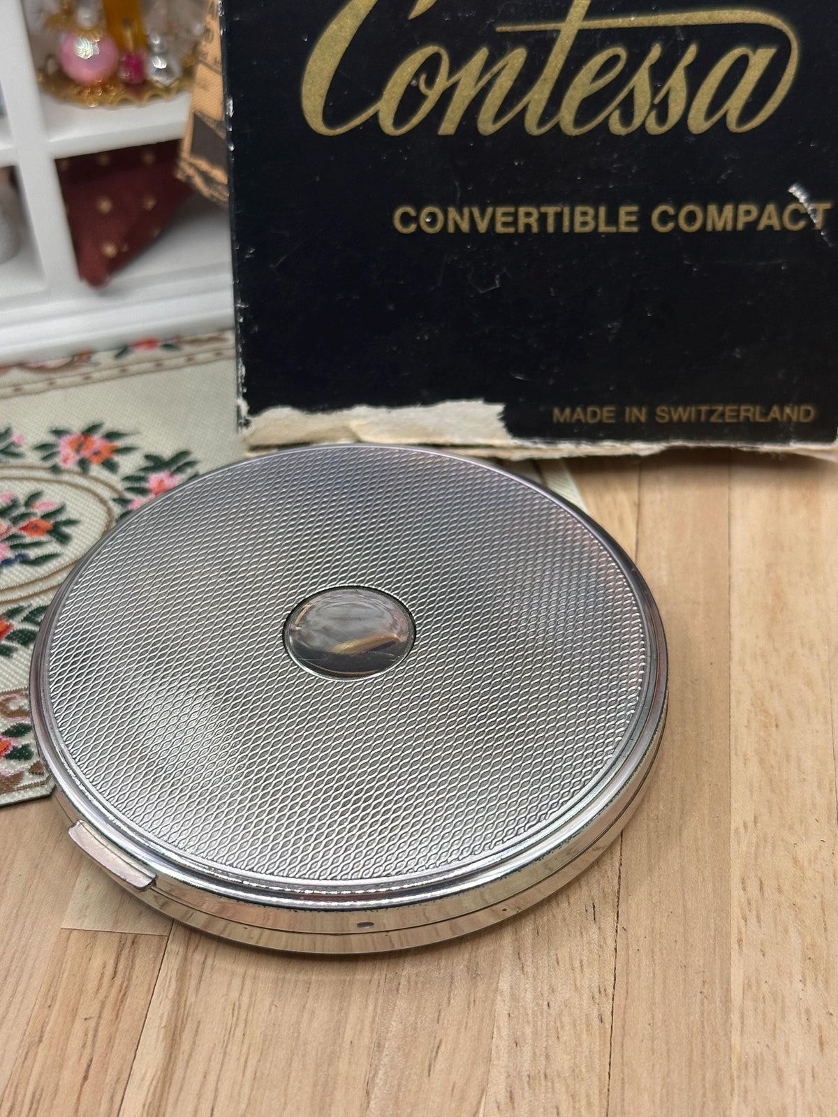 Vintage Contessa Silver Plated Convertible Powder Compact – Boxed Unused – 7.5cm