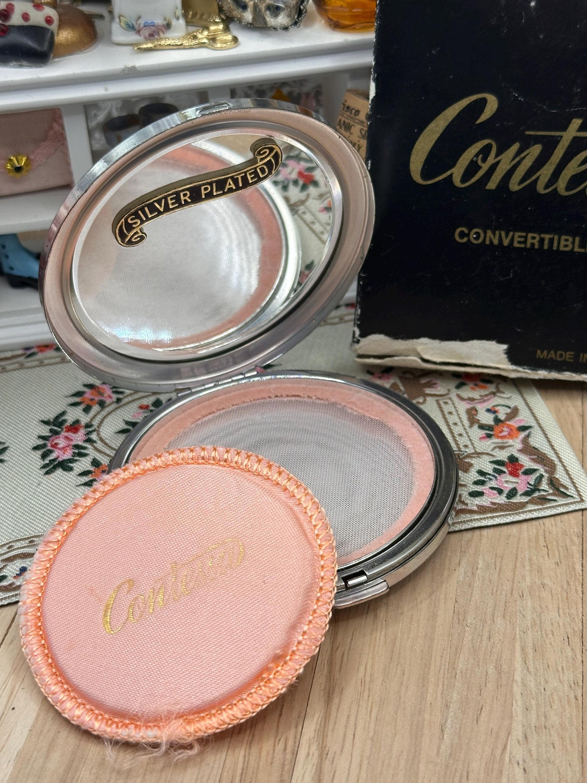 Vintage Contessa Silver Plated Convertible Powder Compact – Boxed Unused – 7.5cm