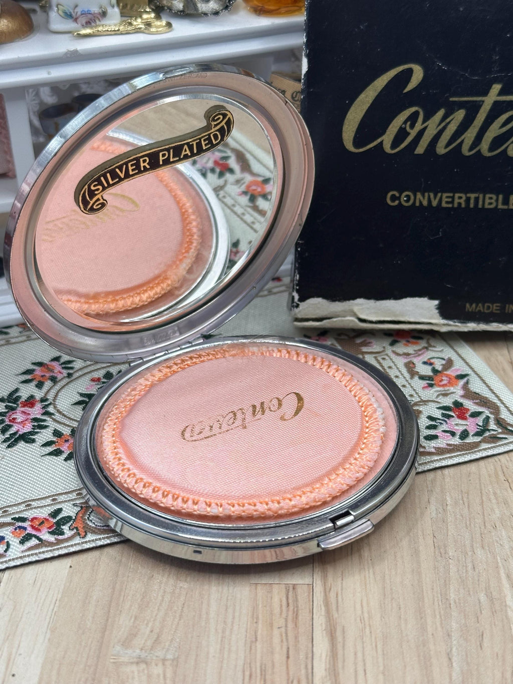 Vintage Contessa Silver Plated Convertible Powder Compact – Boxed Unused – 7.5cm