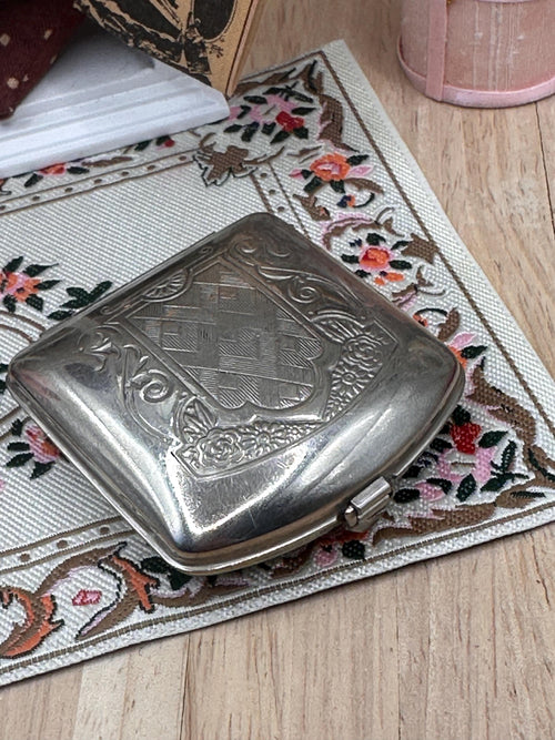 Antique 1920s Art Deco Powder Compact – Marinello Style Silver Tone Floral Heart Design – Rotating Powder Plate