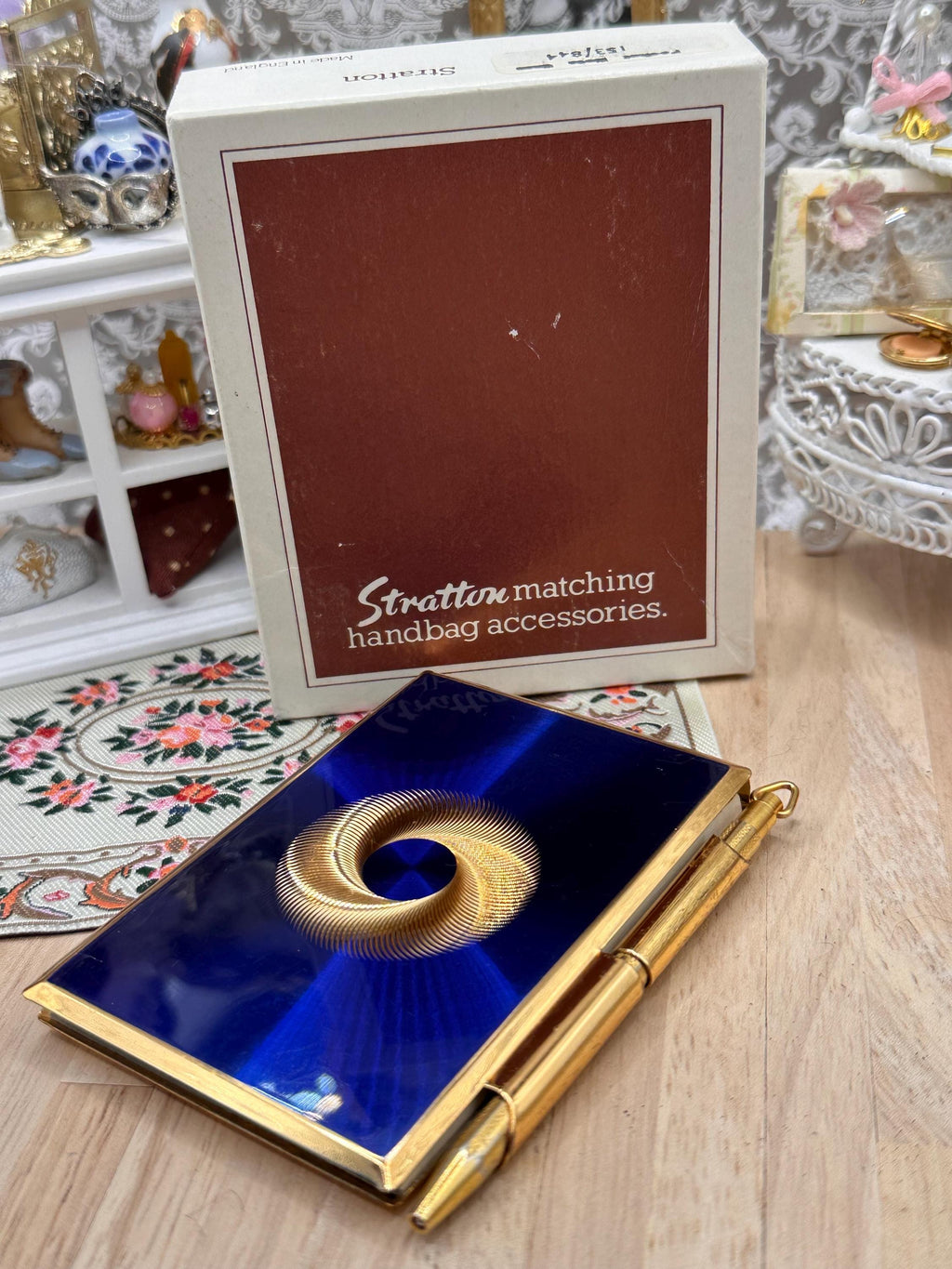 Vintage Stratton Notebook & Pen Boxed Cobalt Blue Enamel Gold Tone 8.5cm