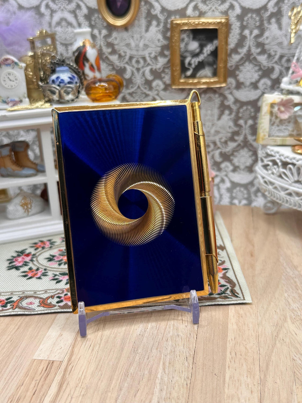 Vintage Stratton Notebook & Pen Boxed Cobalt Blue Enamel Gold Tone 8.5cm