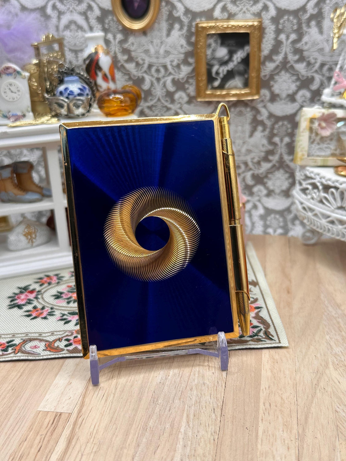Vintage Stratton Notebook & Pen Boxed Cobalt Blue Enamel Gold Tone 8.5cm