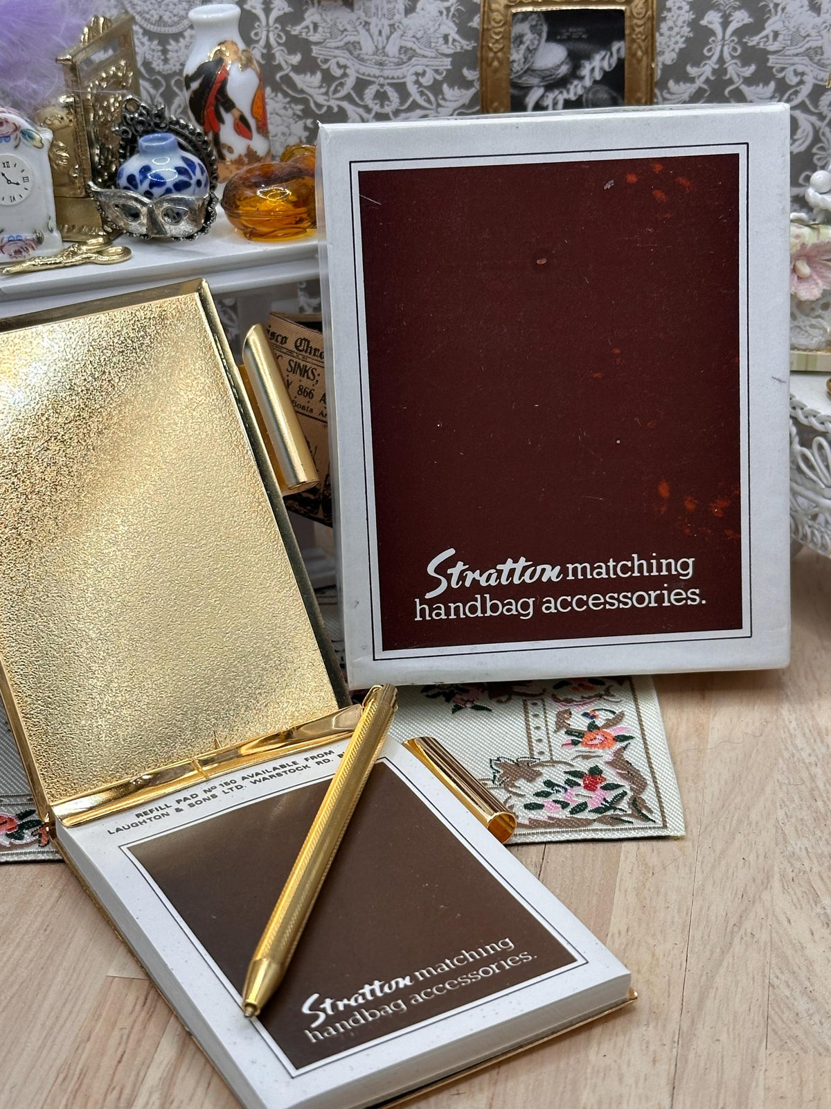 Vintage Stratton Notebook & Pen Boxed Red Enamel Gondola Scene with Pouch