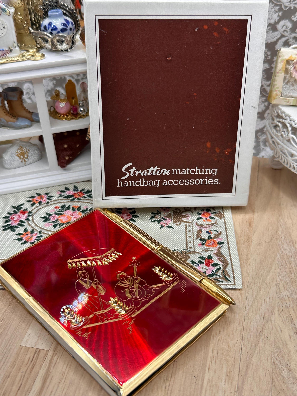 Vintage Stratton Notebook & Pen Boxed Red Enamel Gondola Scene with Pouch