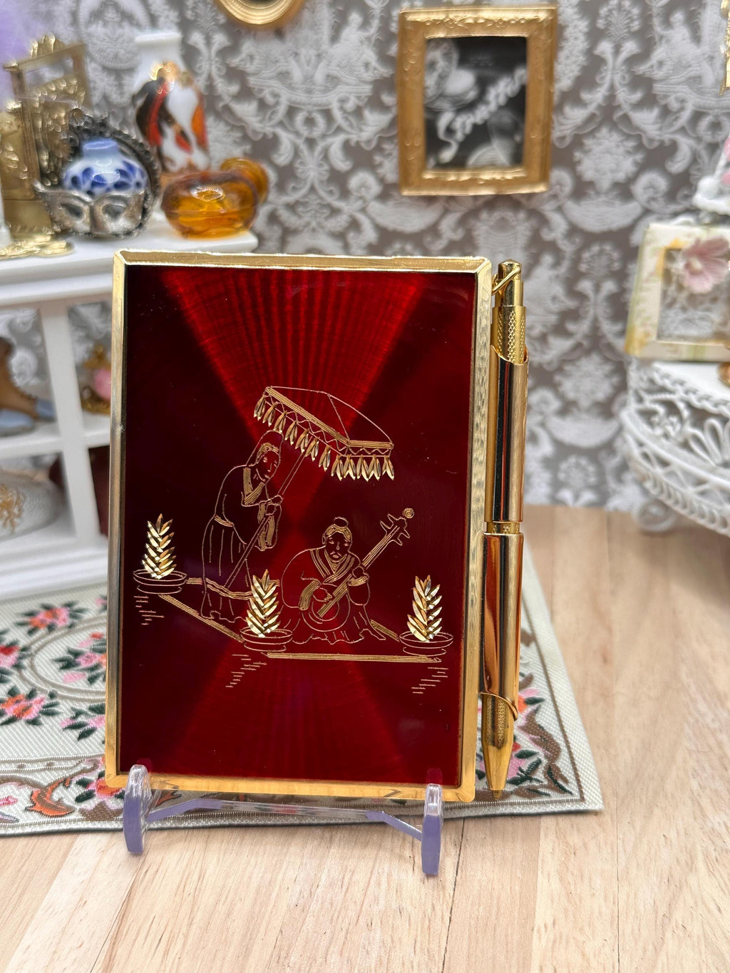 Vintage Stratton Notebook & Pen Boxed Red Enamel Gondola Scene with Pouch