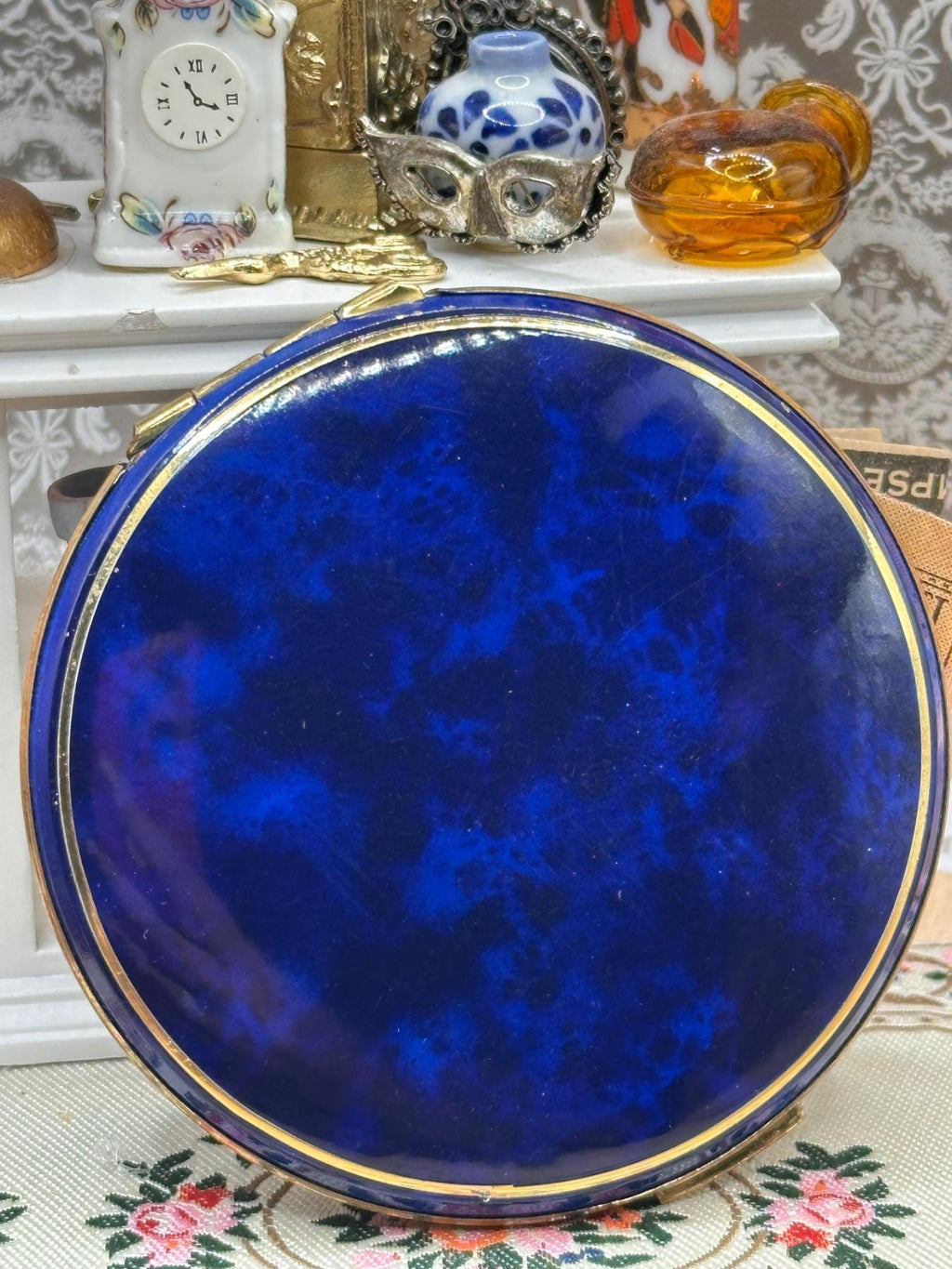 Vintage Blue Mottled Enamel Powder Compact with Gold Tone Trim